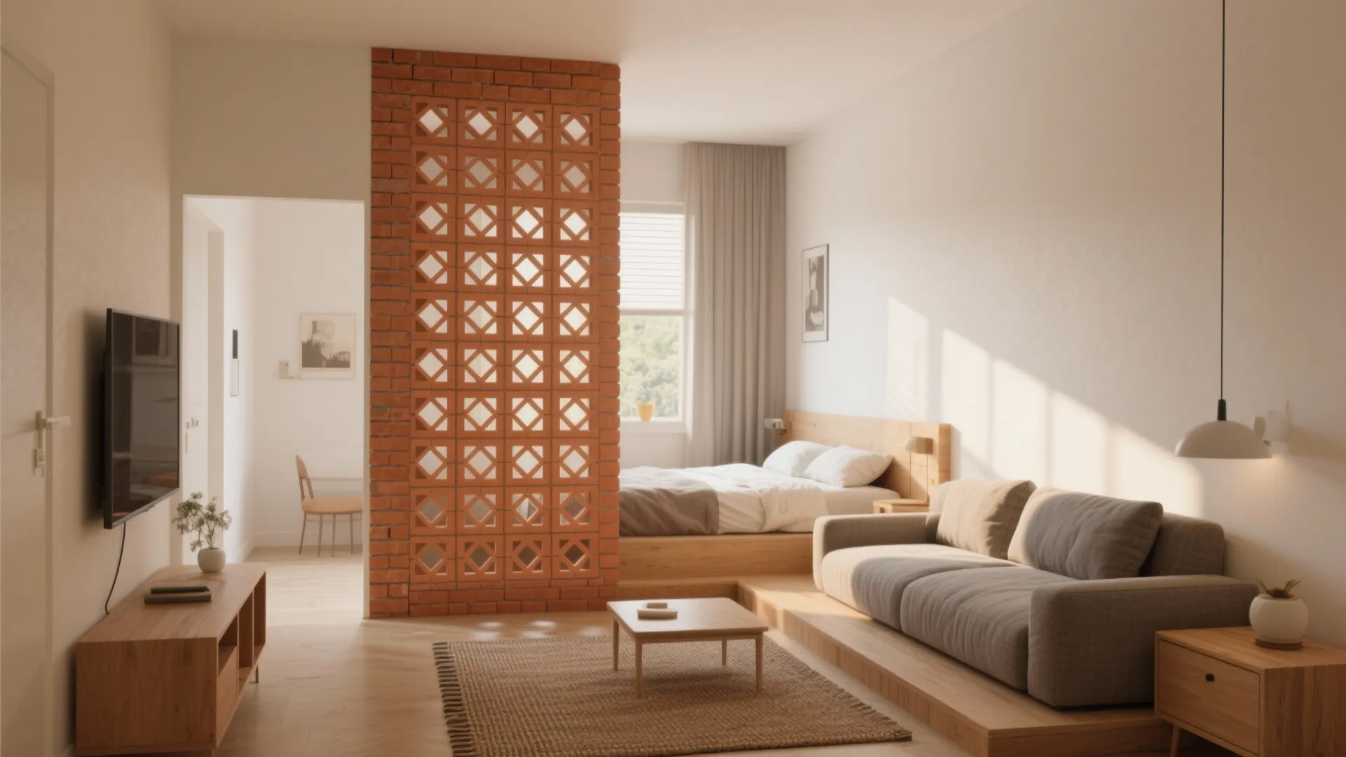 Modern studio apartment featuring a red brick room divider between the bedroom and living area