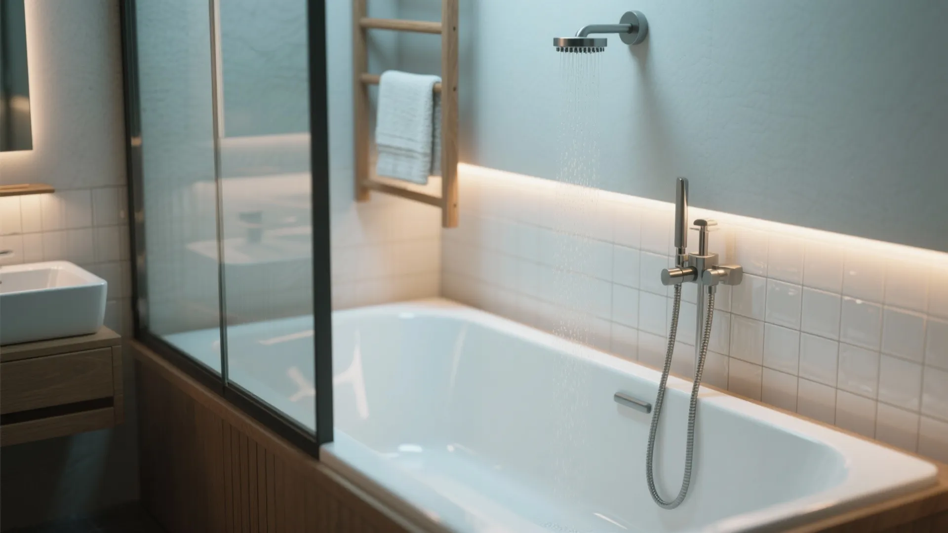 Close-up of a narrow Japanese soaking tub with wall-mounted shower and glass partition.