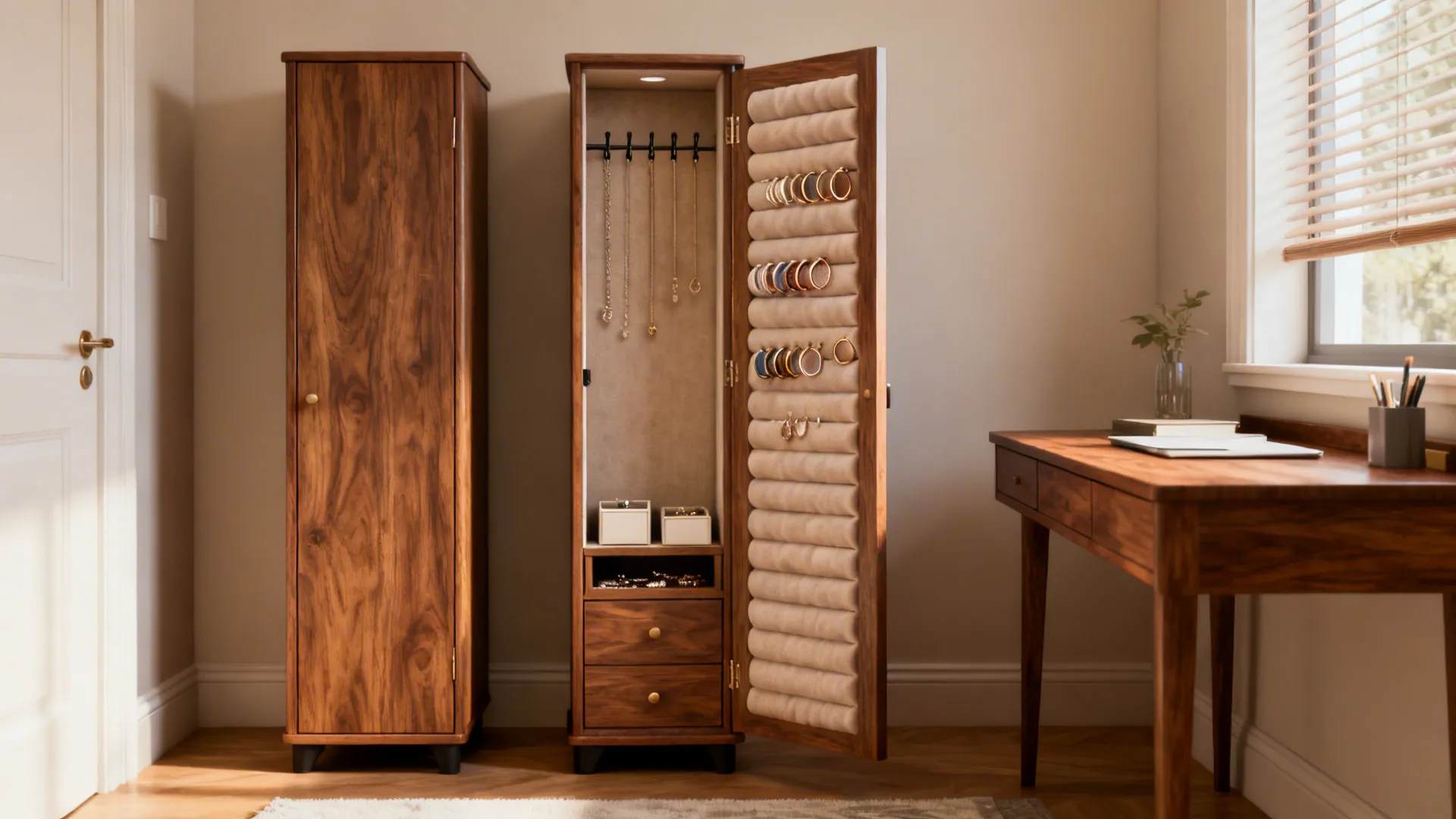 Narrow freestanding jewelry armoire in a small bedroom with padded ring rolls and hooks visible.