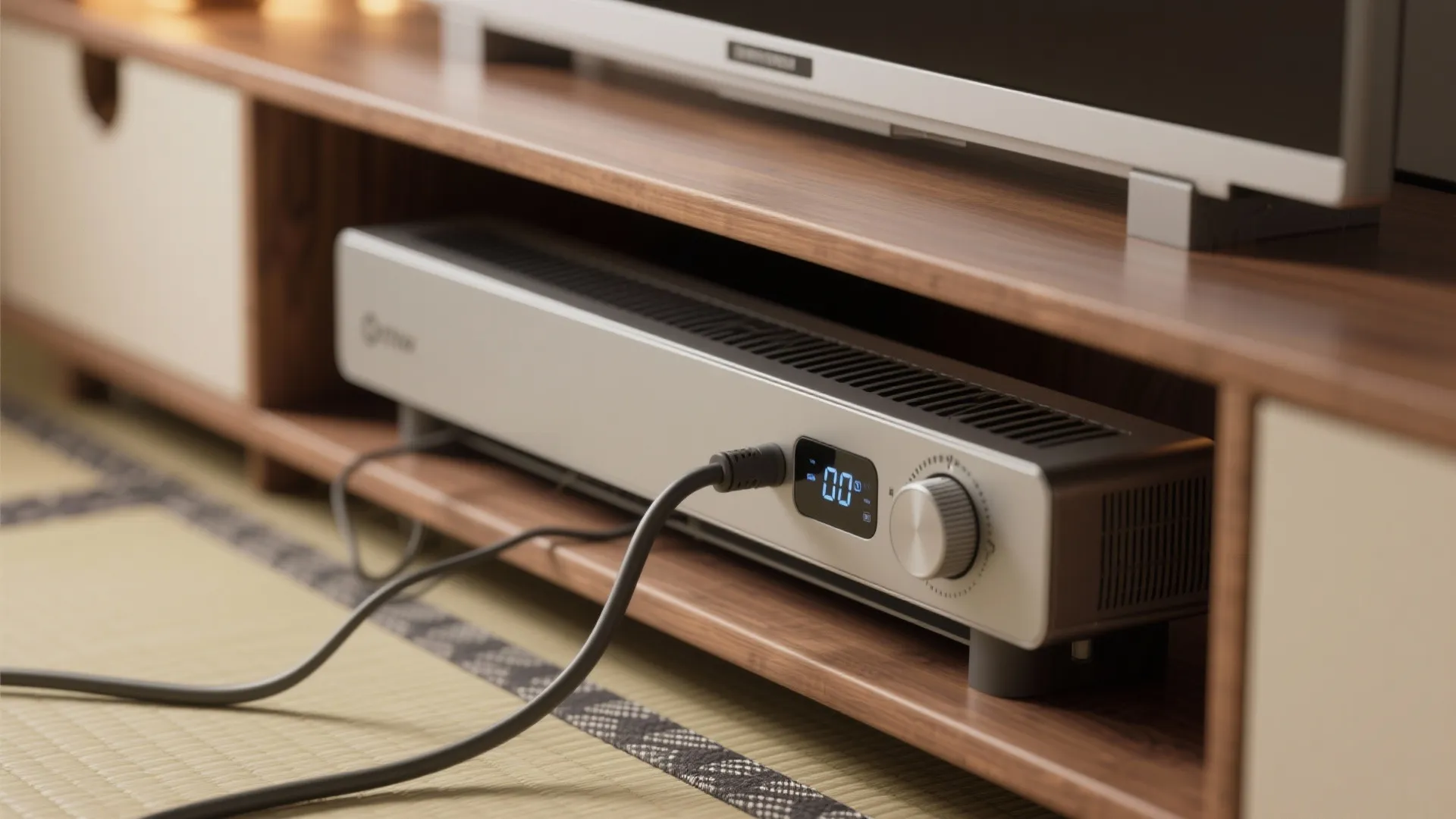 Modern silver electric space heater with digital display placed under a wooden shelf on tatami