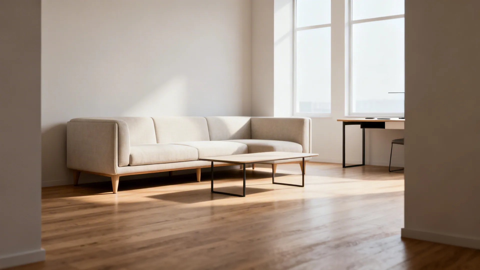 Corner L-shaped slim-profile sectional with narrow arms and raised legs in a small living room.