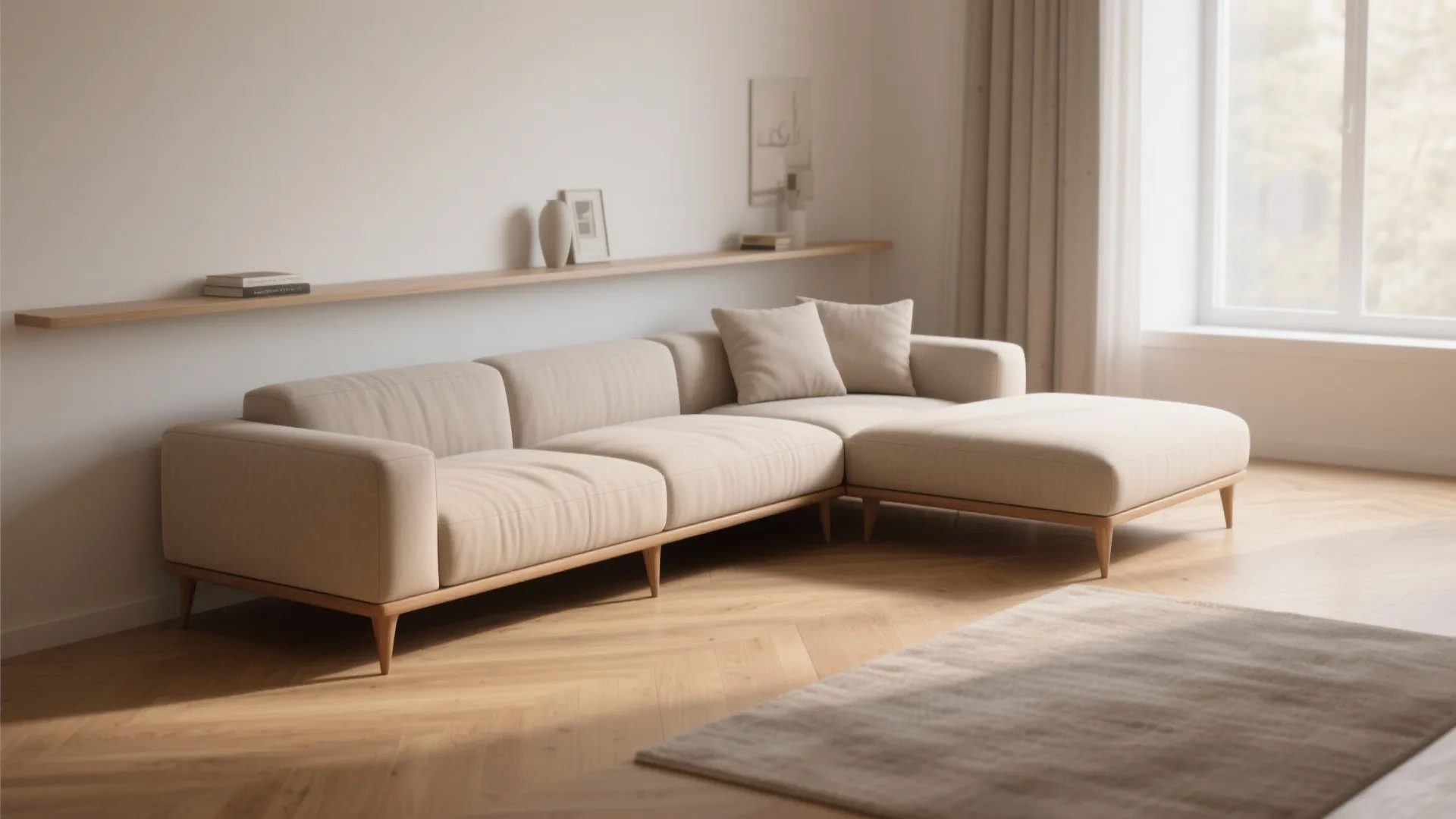 Modern cream sofa with wooden legs on a wooden floor in a bright minimalist living room