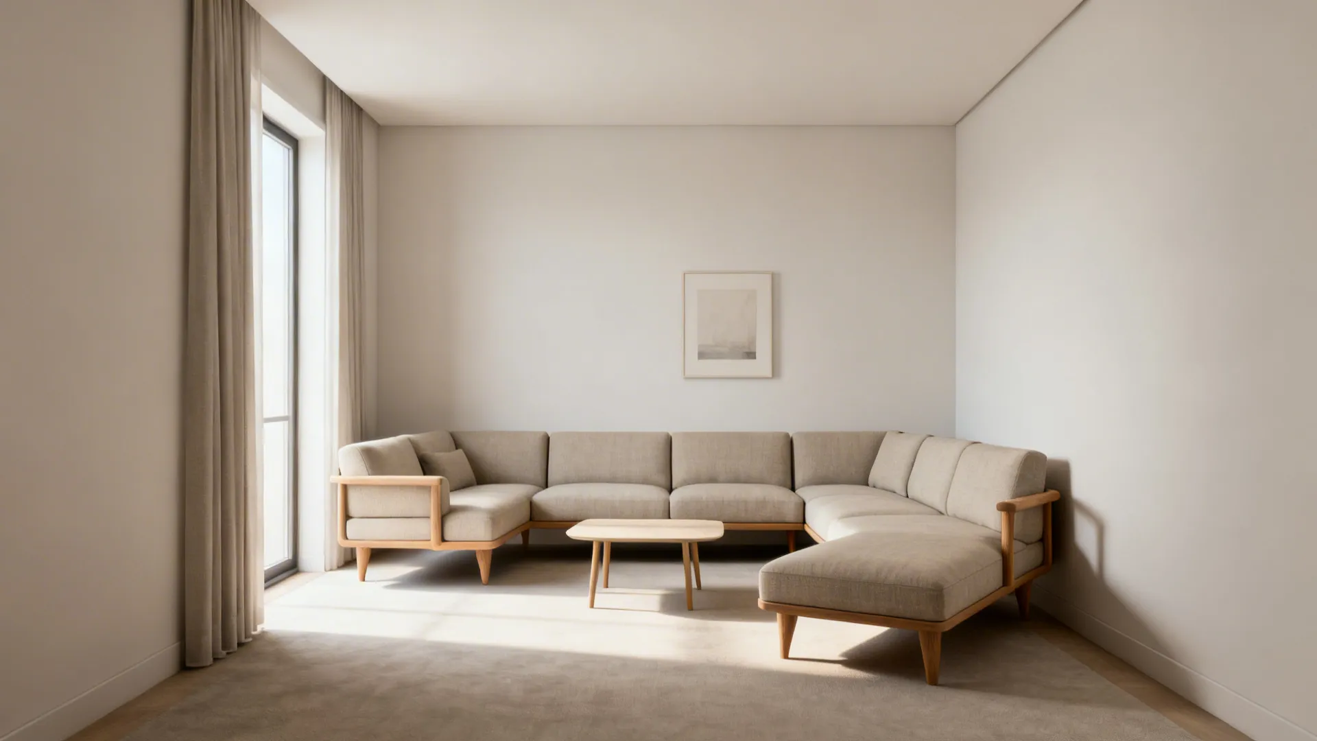 Narrow living room with a slim L-shaped modular sofa and chaise, low arms and raised legs.