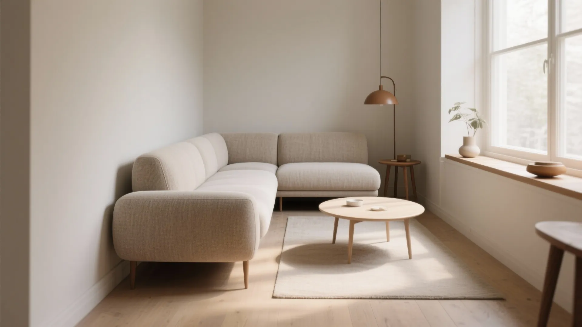 Minimalist living room featuring a curved cream sofa with round wooden coffee table and window