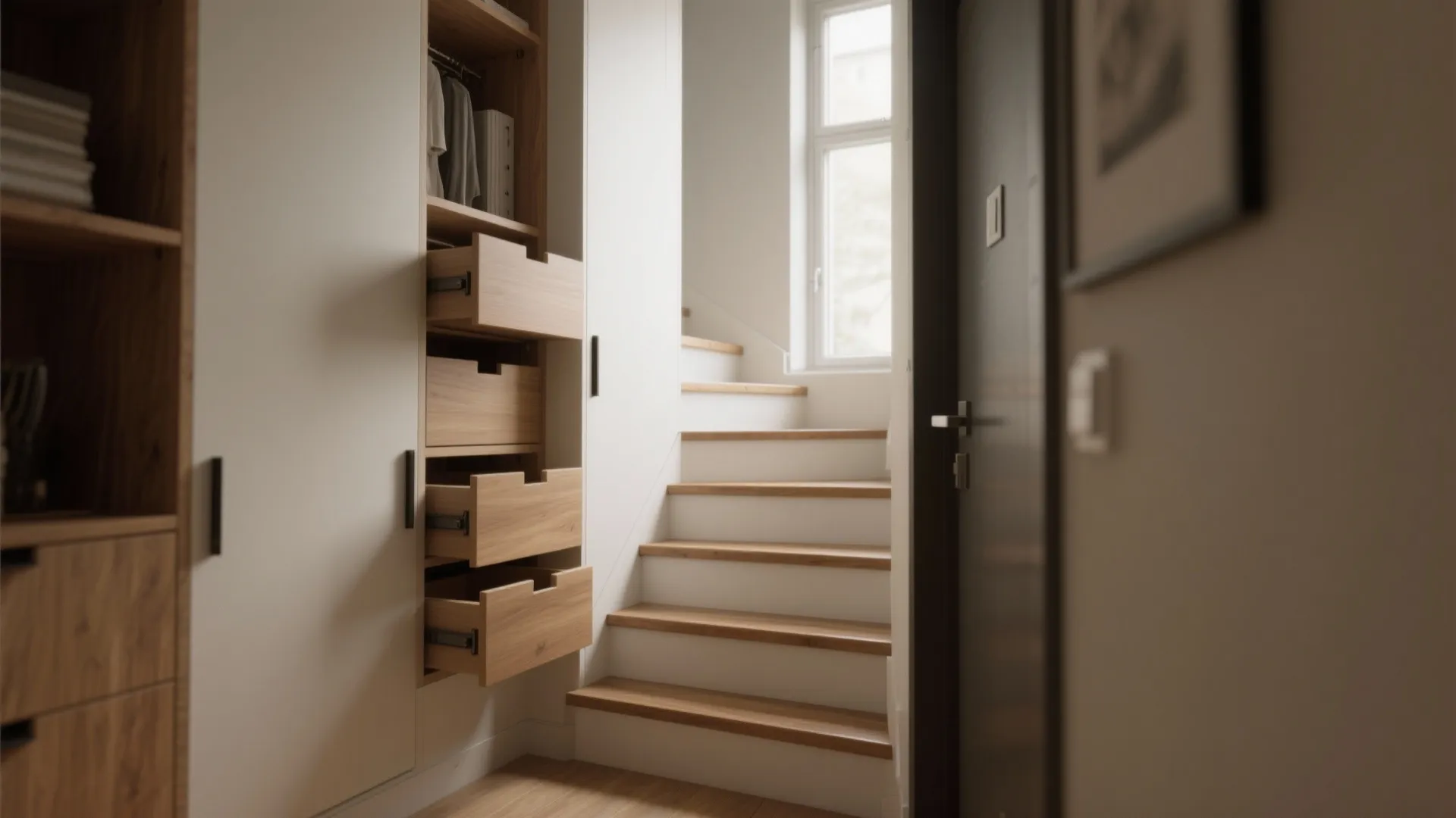 1. Slim L-shaped Stair with Built-in Drawers