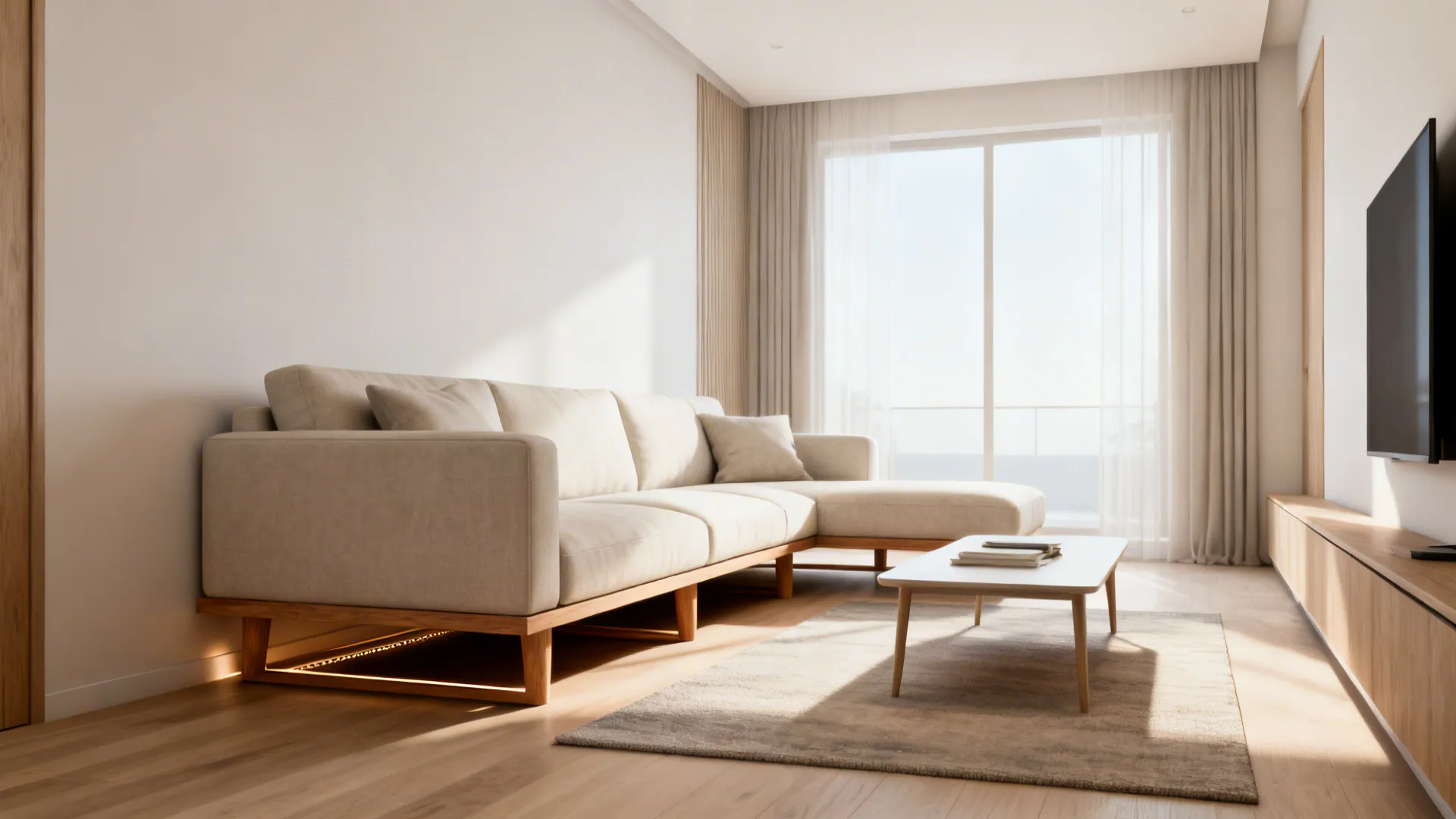 Narrow living room with a slim L-shaped corner sofa on raised legs creating visual lightness.