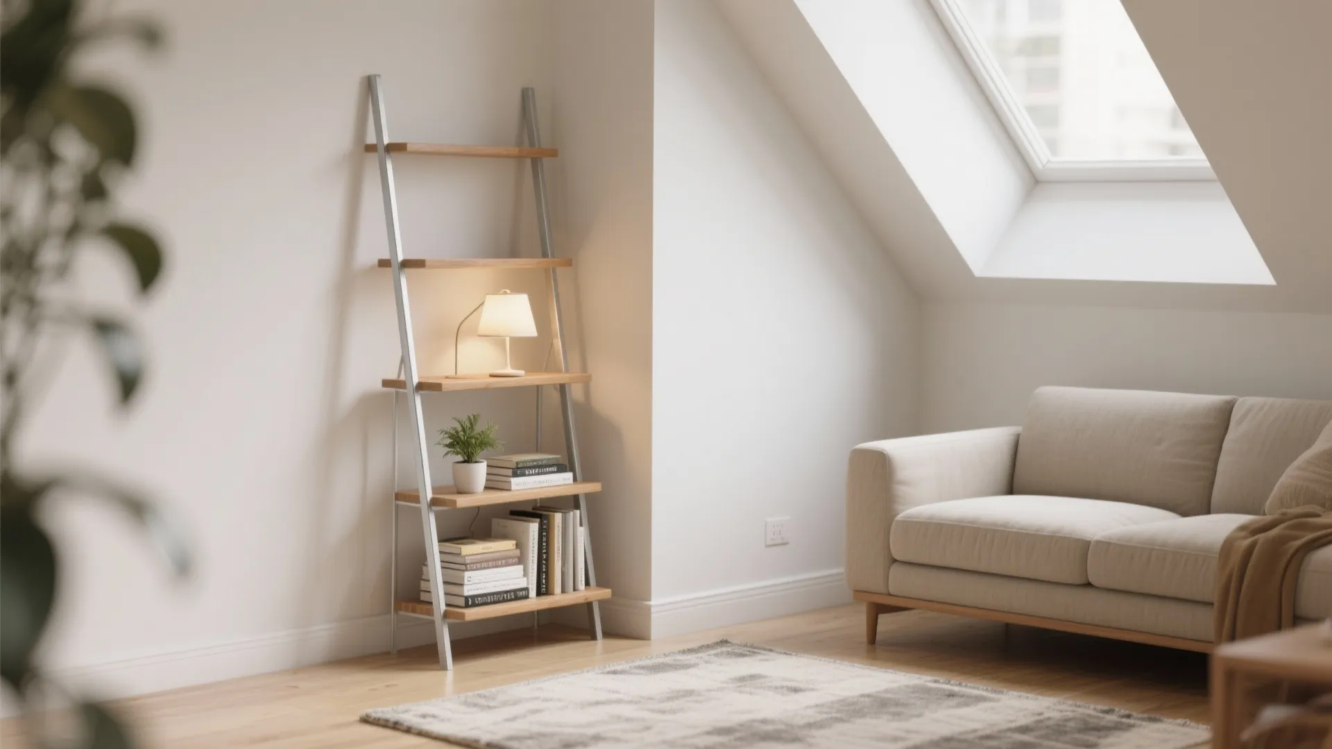Minimalist attic room featuring a wooden ladder shelf with books beige sofa and roof window