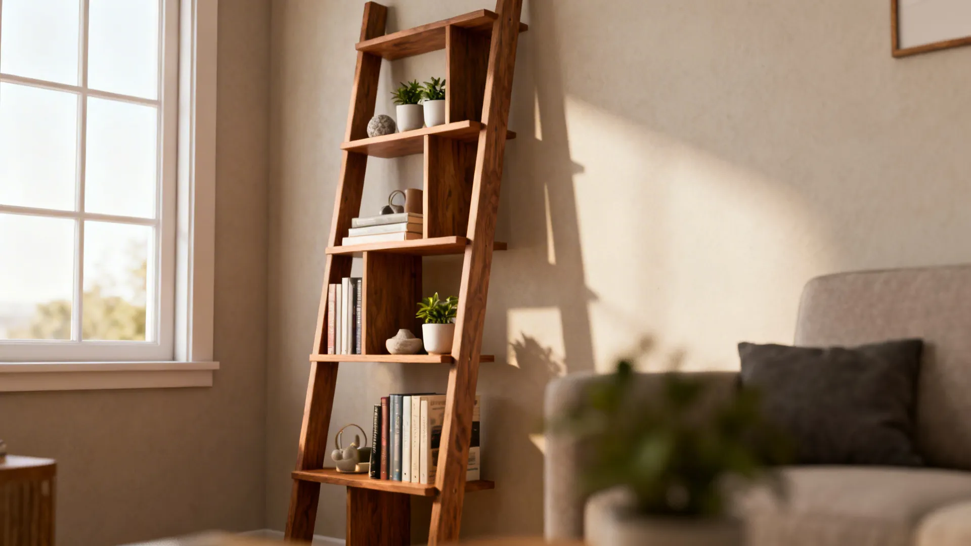 Slim wooden ladder shelf with books and plants in a small living room.