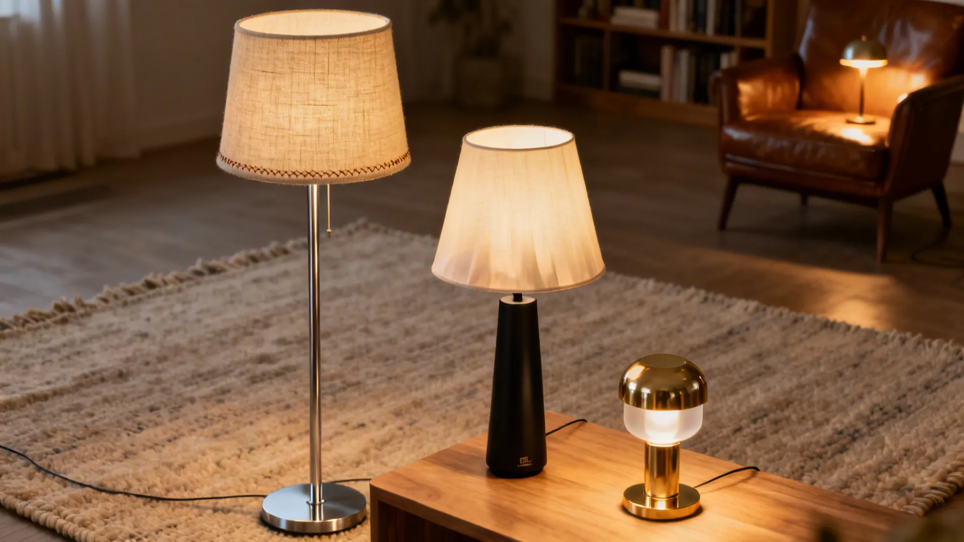 Slim profile floor and table lamps arranged to show layered lighting options for small rooms.