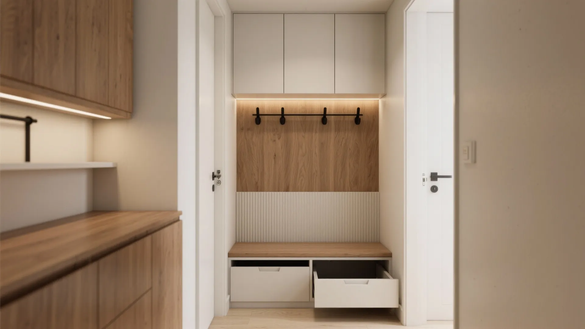 1) Minimalist hallway storage that doubles as a landing zone