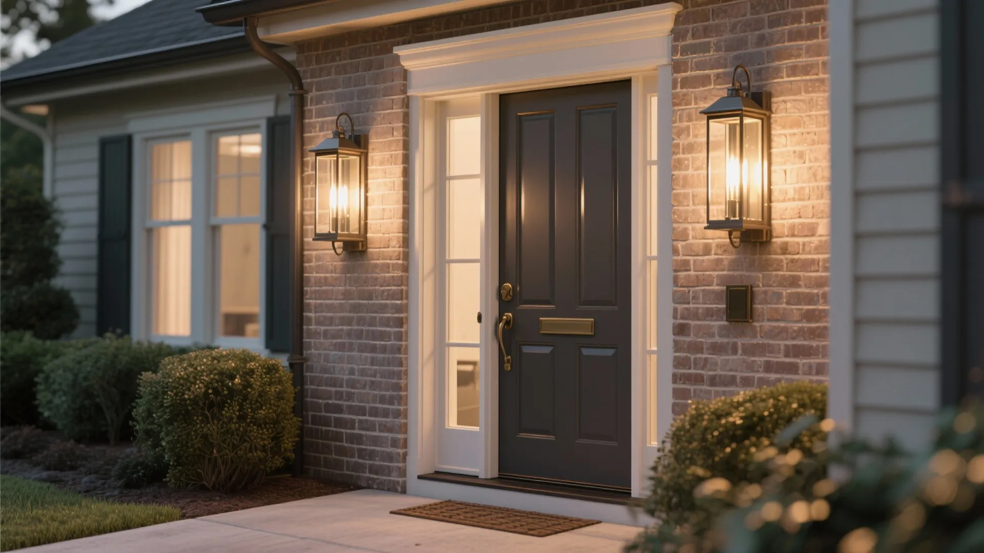 Dark front door on a brick wall with two large wall lights and green bushes