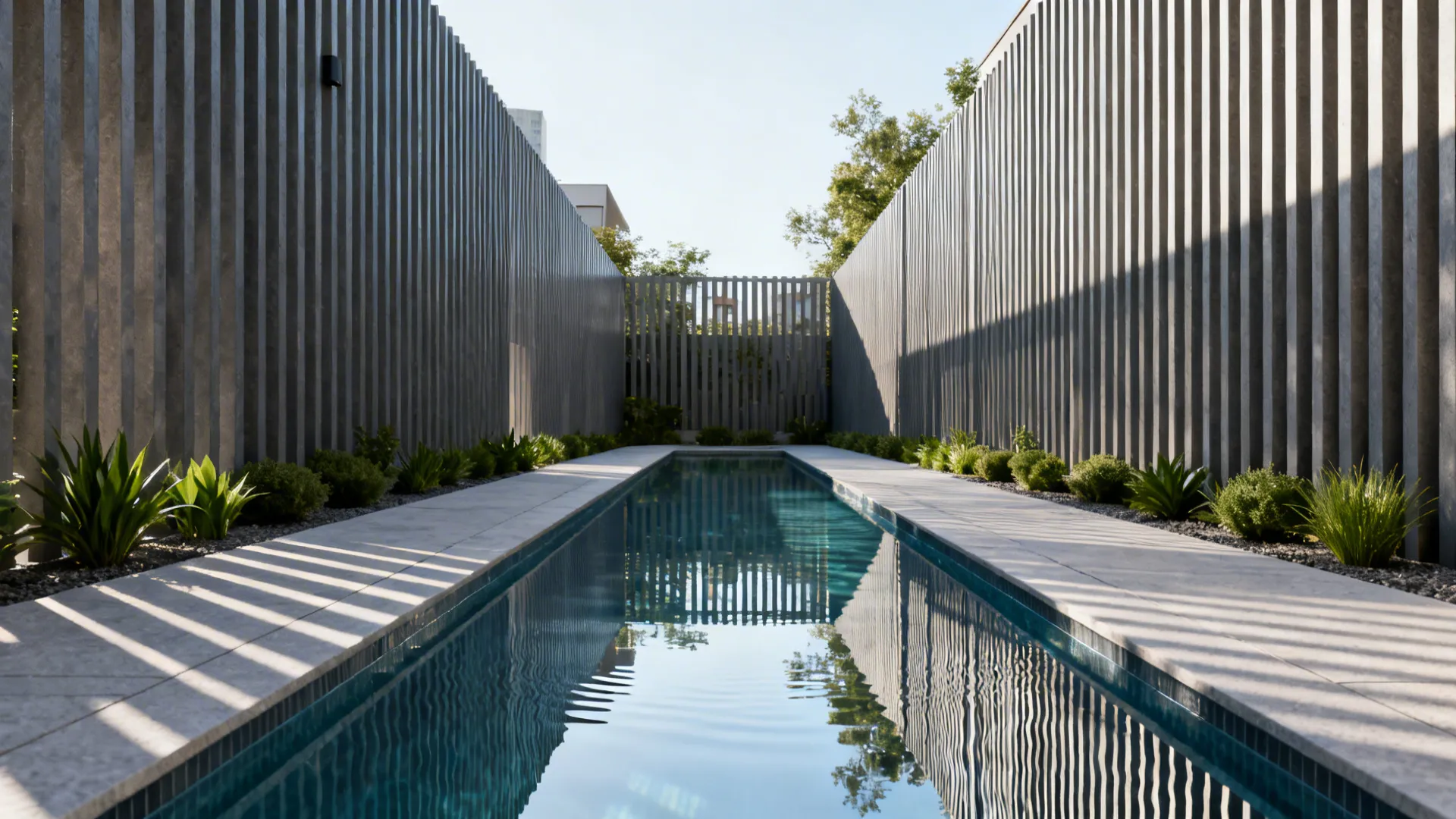 Narrow lap pool along a fence with reflective water and linear paving for visual extension.