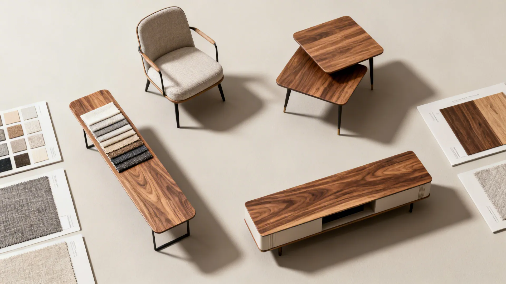 Top-down flatlay of slim furniture samples and swatches for flexible small-room layouts