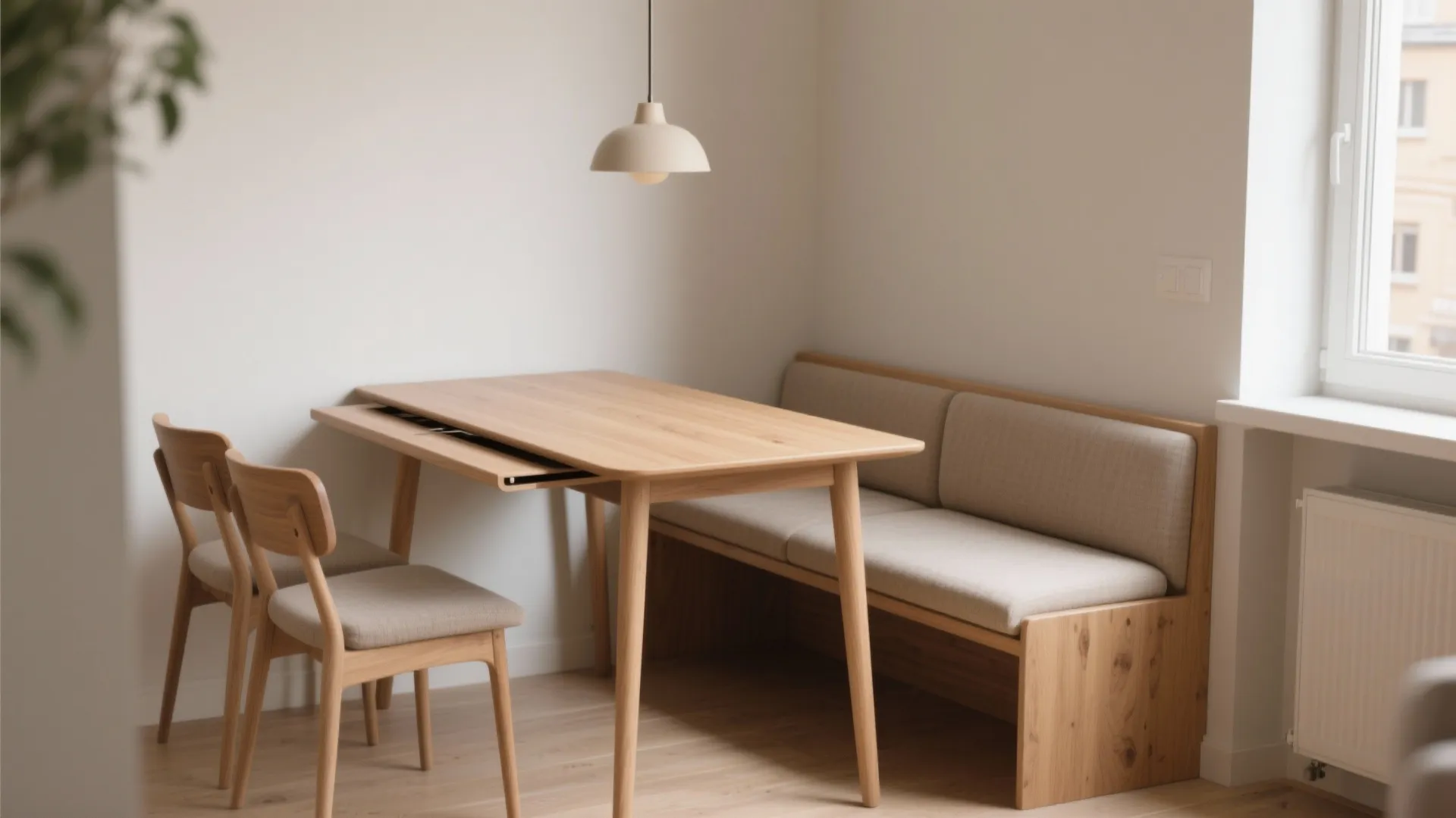 Light wood dining table with two chairs and a matching wall bench in bright room