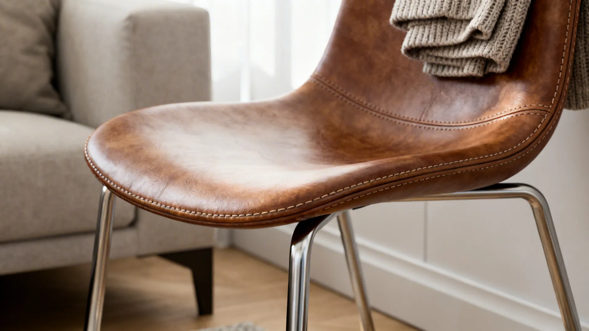 Brown leather chair with metal legs and beige knit blanket in a bright living room