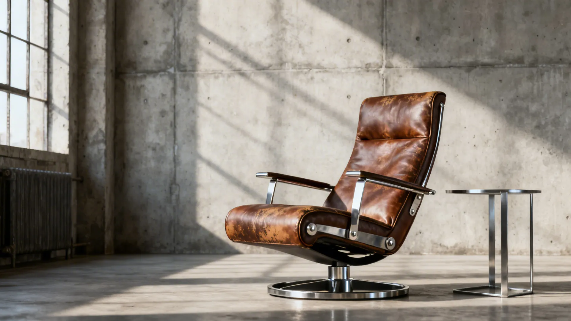 Modern loft with a slim leather swivel glider paired with metal accents and minimalist decor.