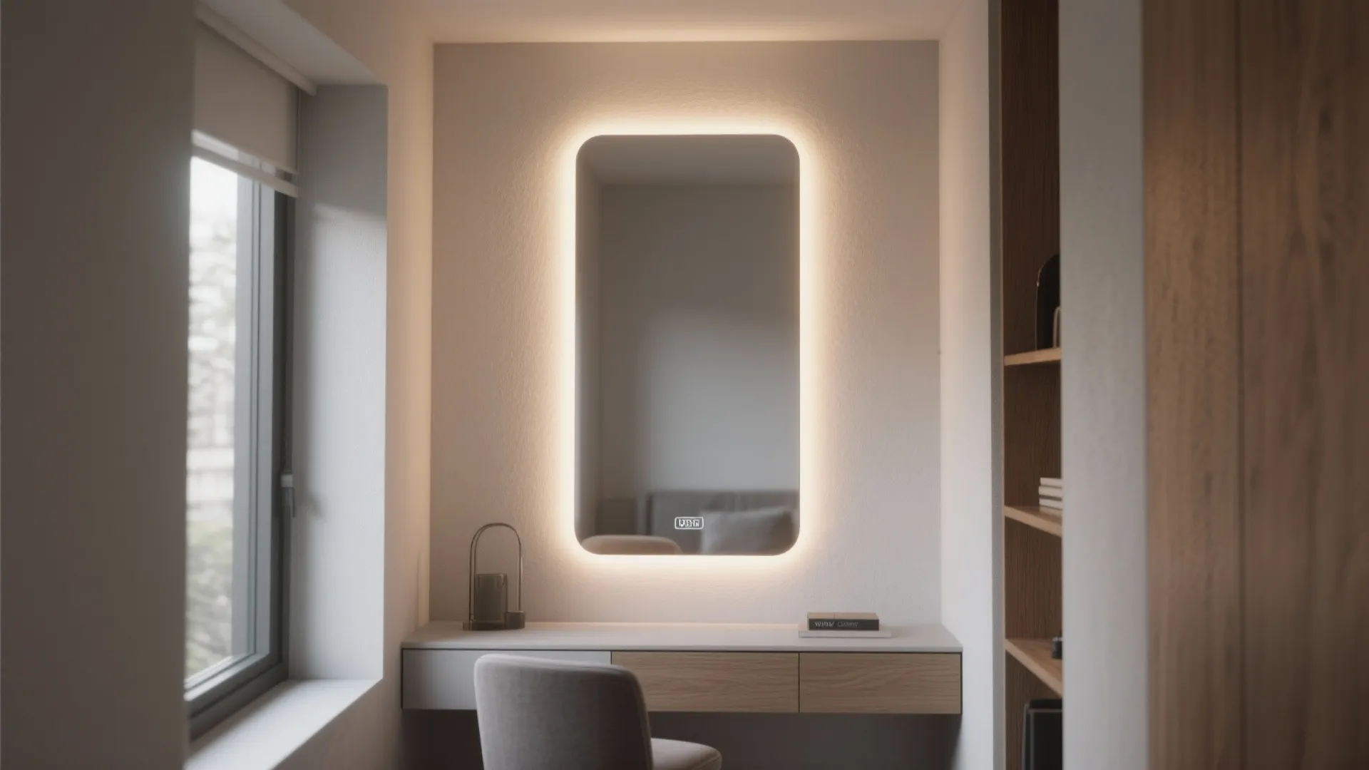 Modern dressing table with lighted mirror plus grey chair and wooden shelf by a window