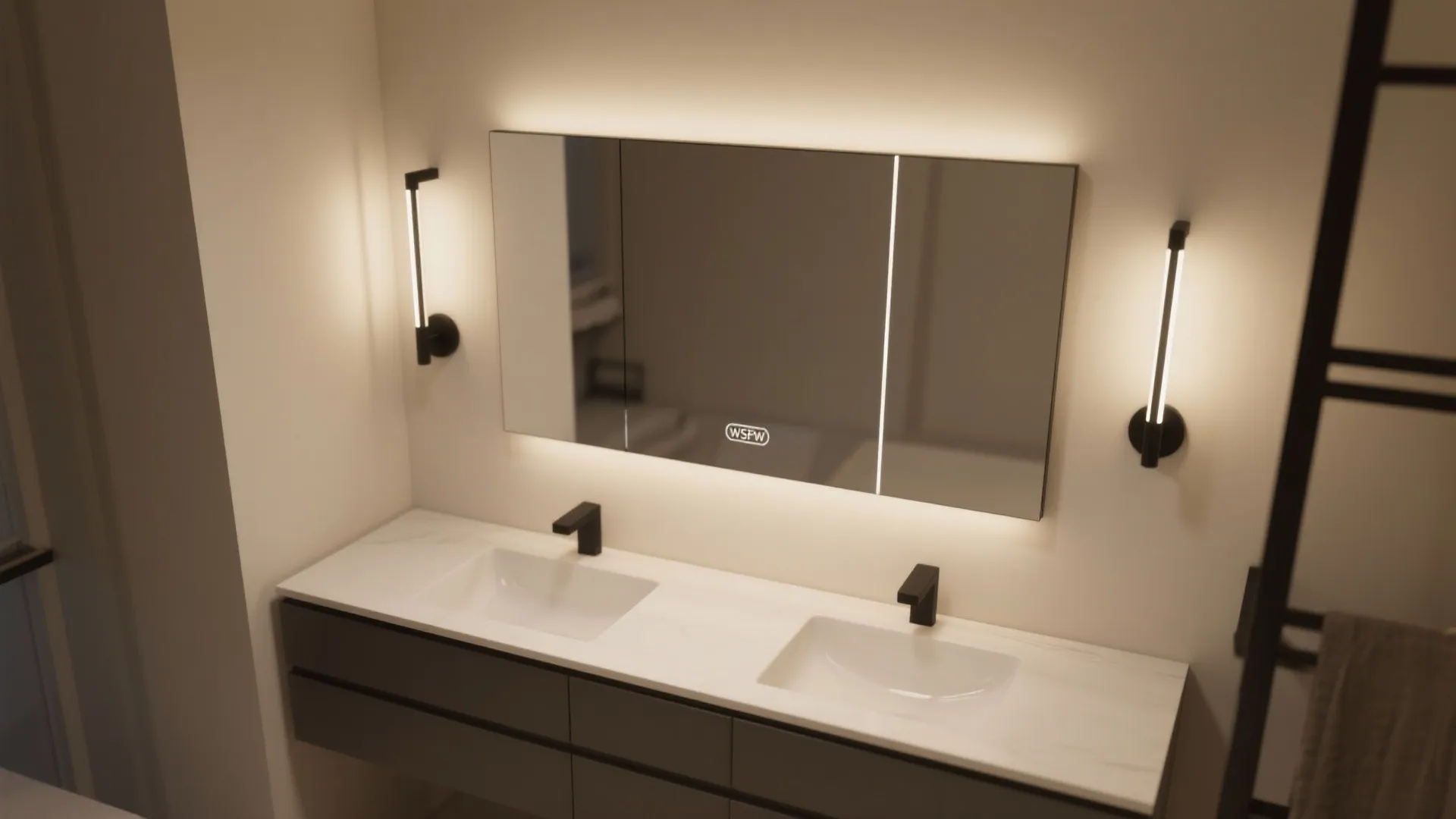 Slim integrated black LED sconces flanking a backlit mirror in a minimalist bathroom