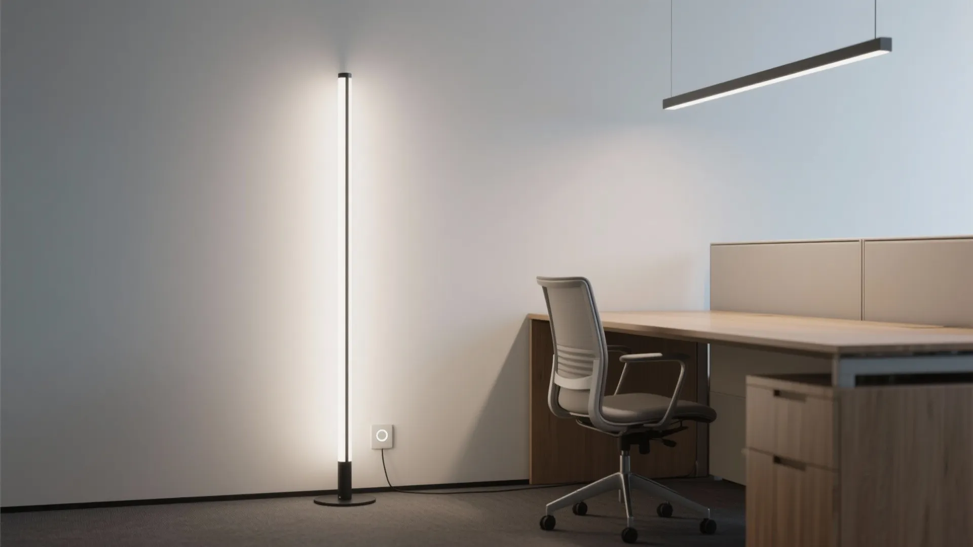 Slim vertical floor light standing against a white wall next to a wooden office desk