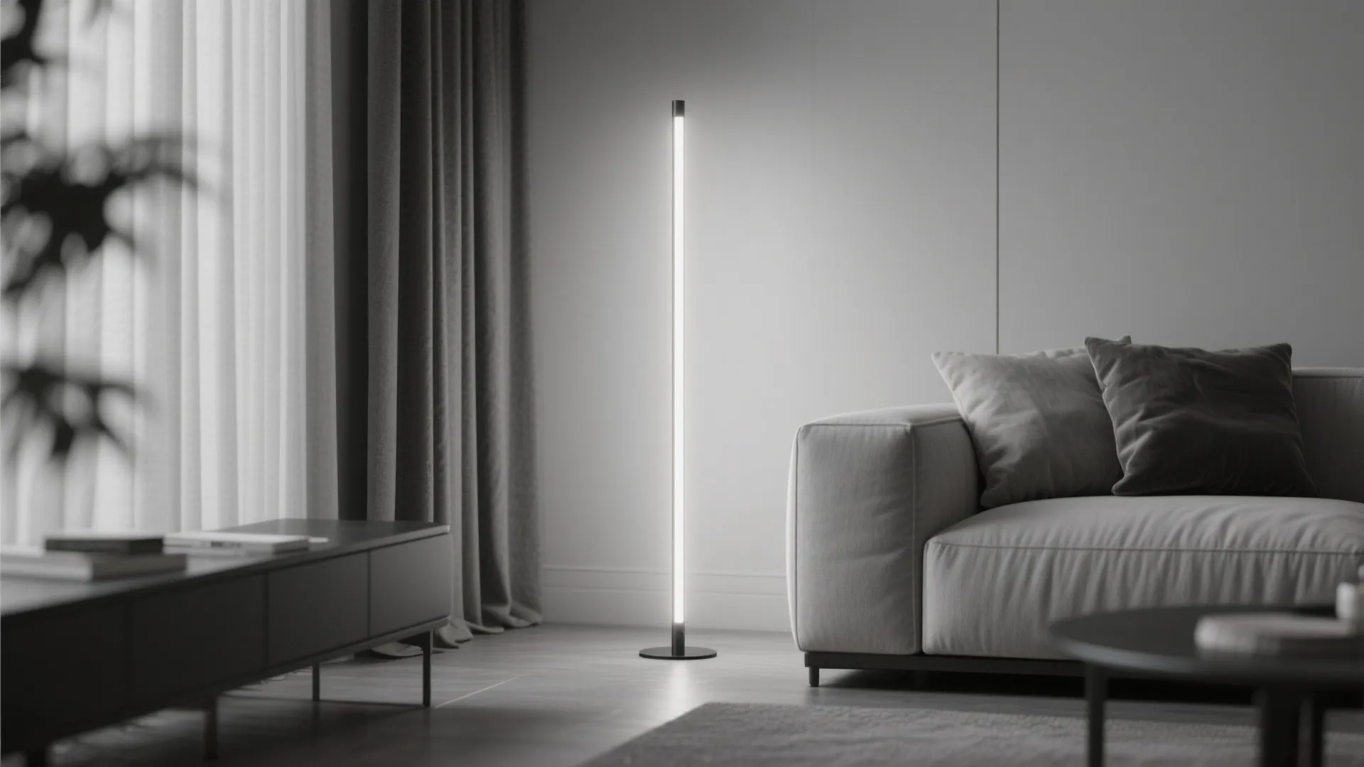 Slim LED column lamp providing even ambient light in a monochrome small living room.
