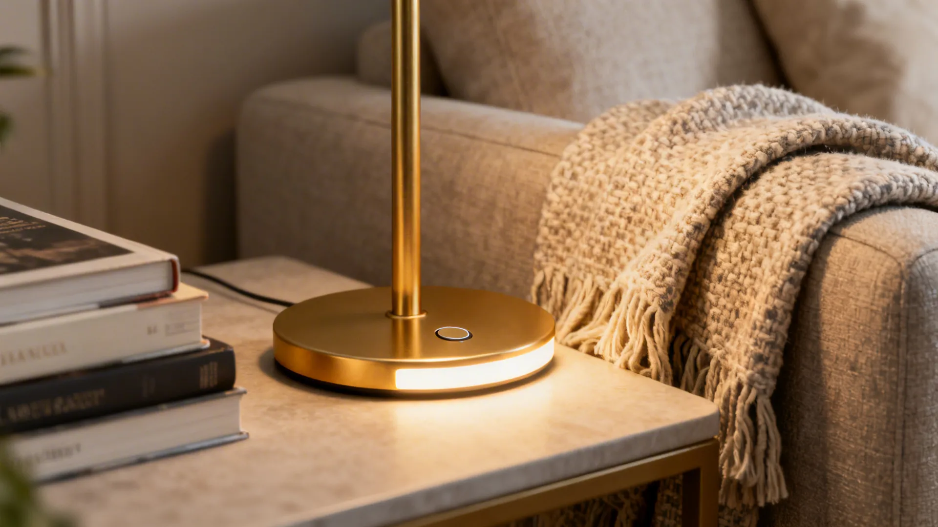 Close-up of a slim dimmable cordless LED lamp with warm metal base by a sofa