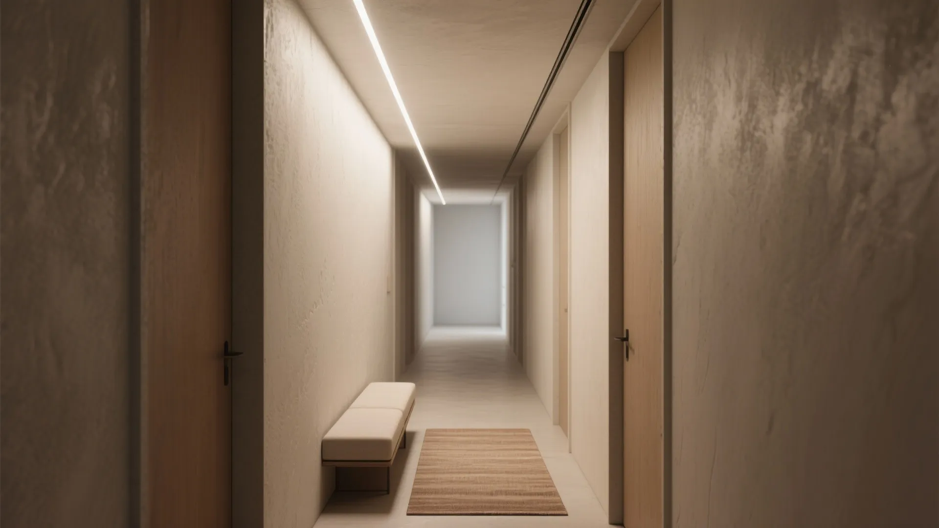 Long narrow hallway with recessed ceiling light strip wooden doors small bench and floor rug