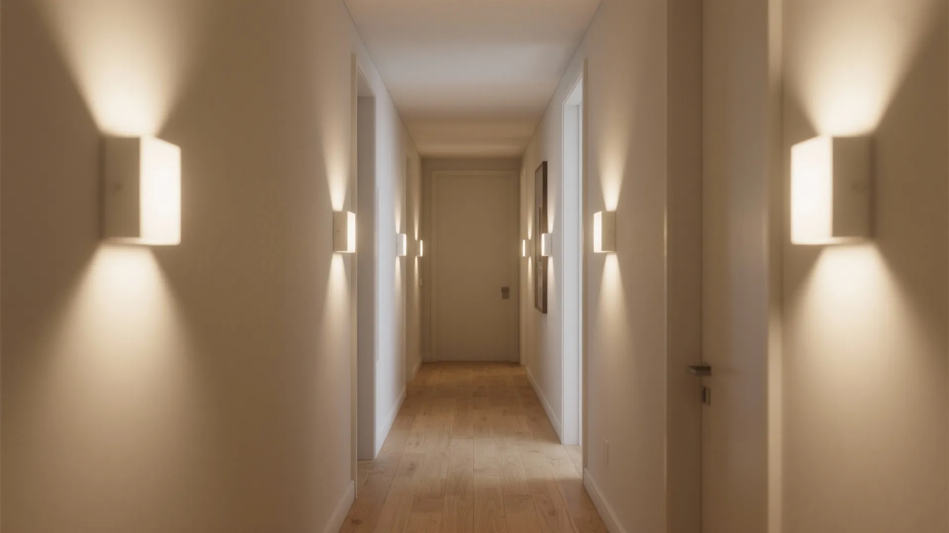 Narrow hallway illuminated by slim white LED sconces with warm, even light
