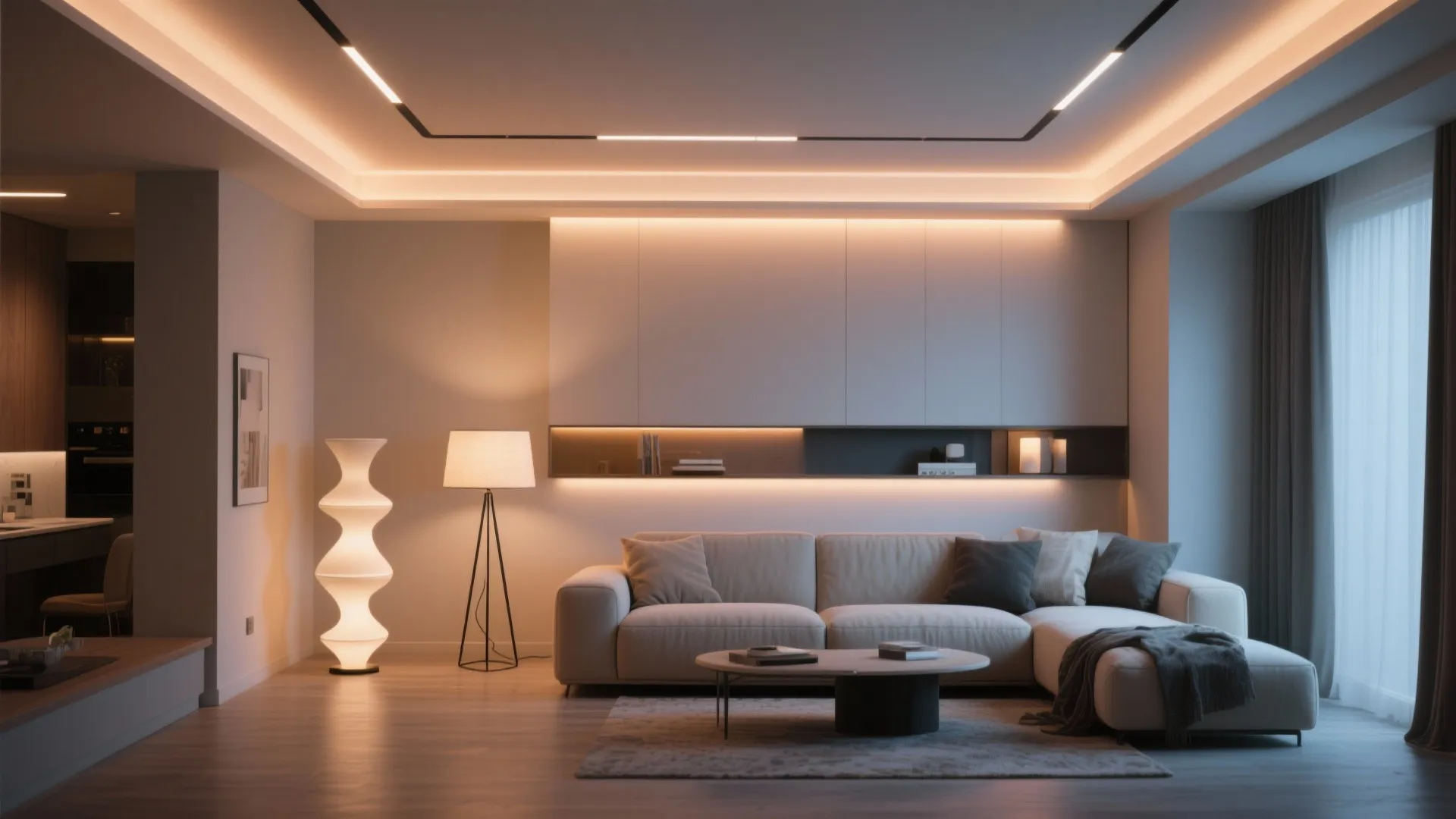 Modern living room with grey sofa and warm ceiling light panel plus various floor lamps