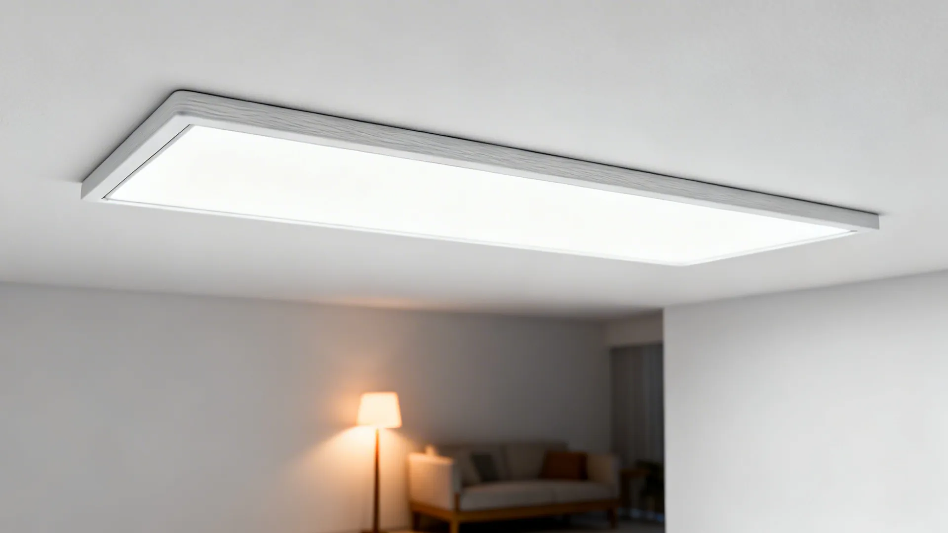 Slim flush LED panel in a minimalist living room ceiling providing even illumination.