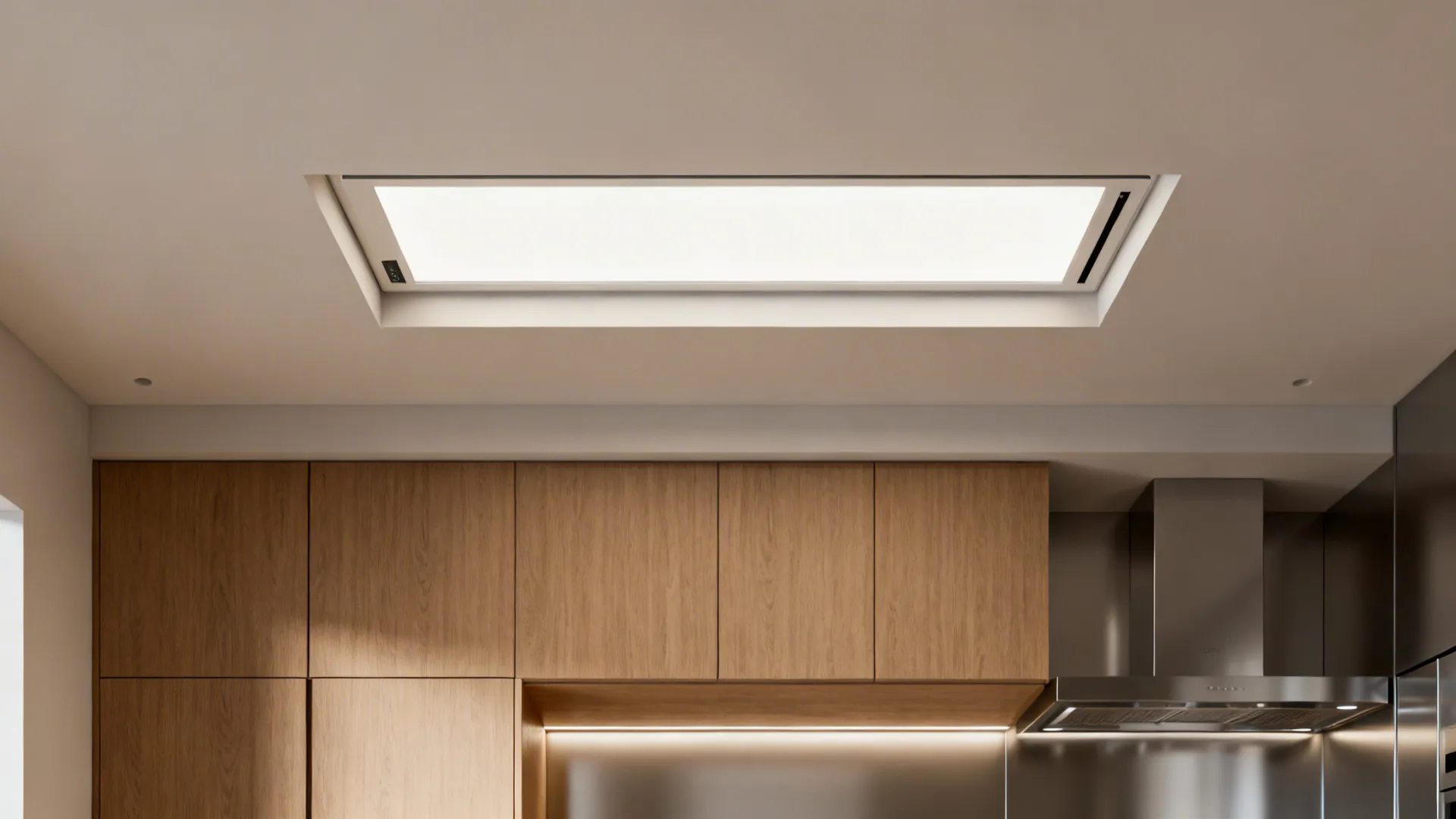 Slim LED panel flush with kitchen ceiling replacing a fluorescent troffer, providing uniform warm light