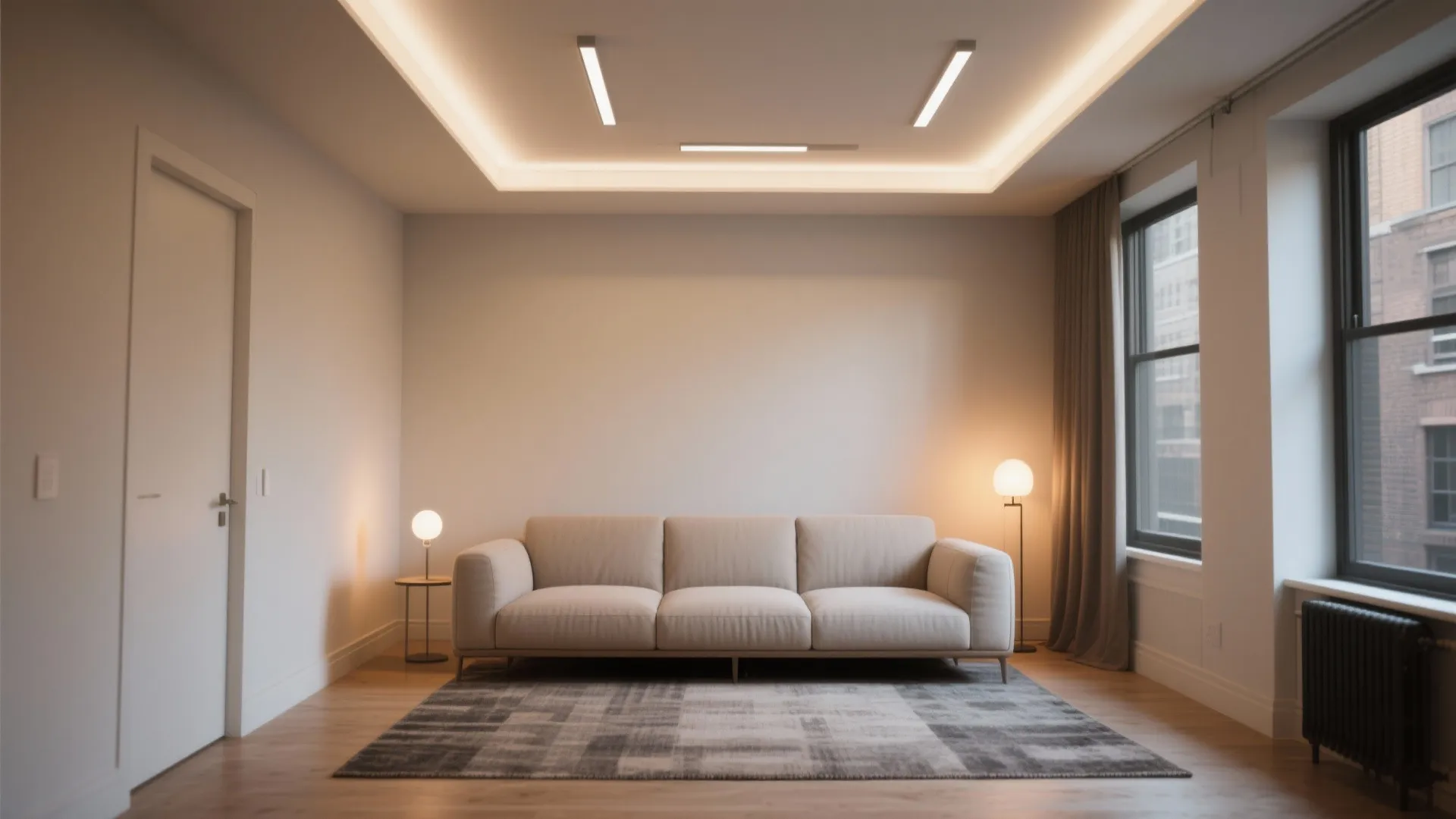 Minimalist living room with recessed ceiling lights above a white sofa and a grey rug