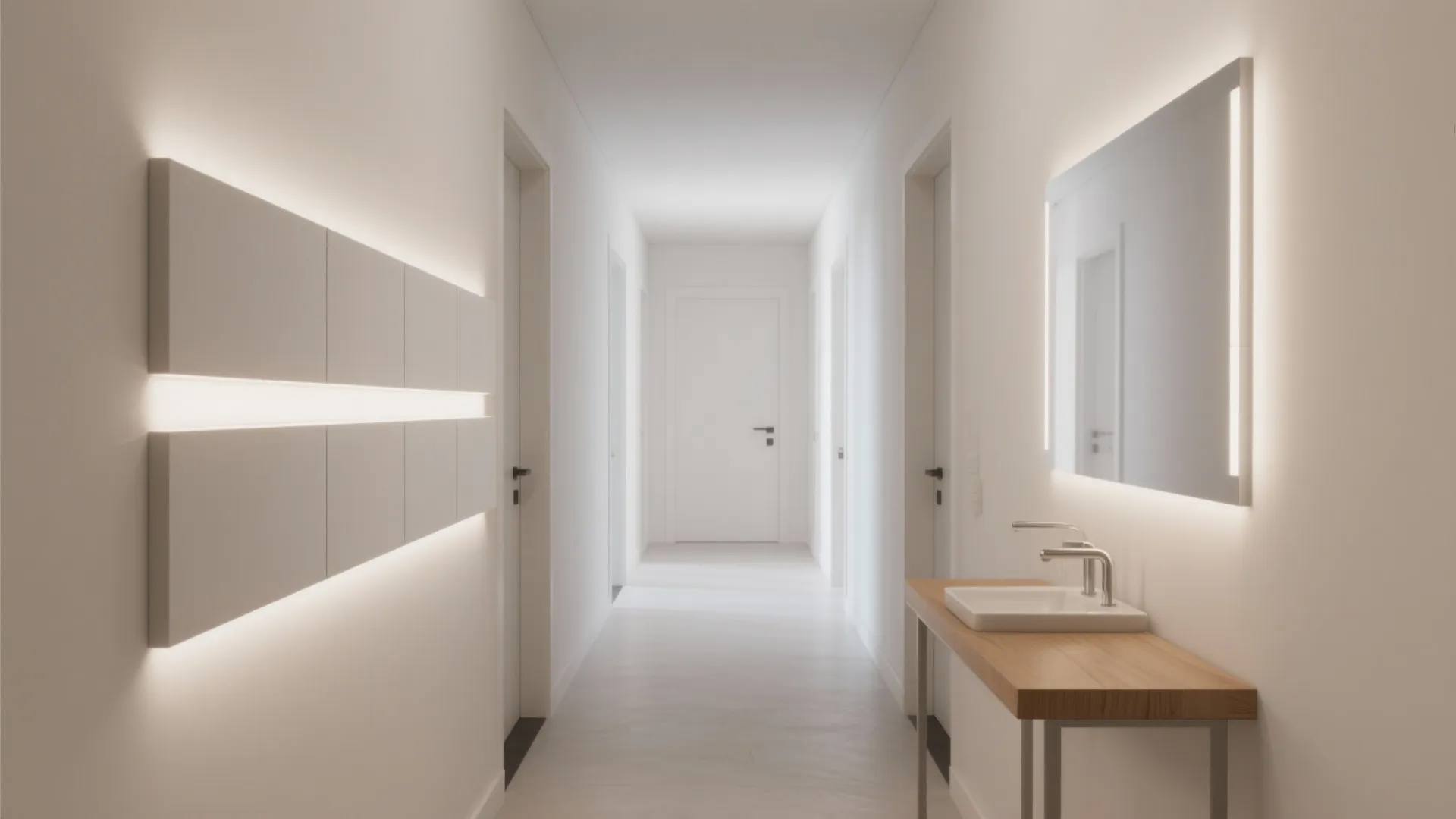 Narrow entryway illuminated by slim flush LED wall panels that broaden the space.