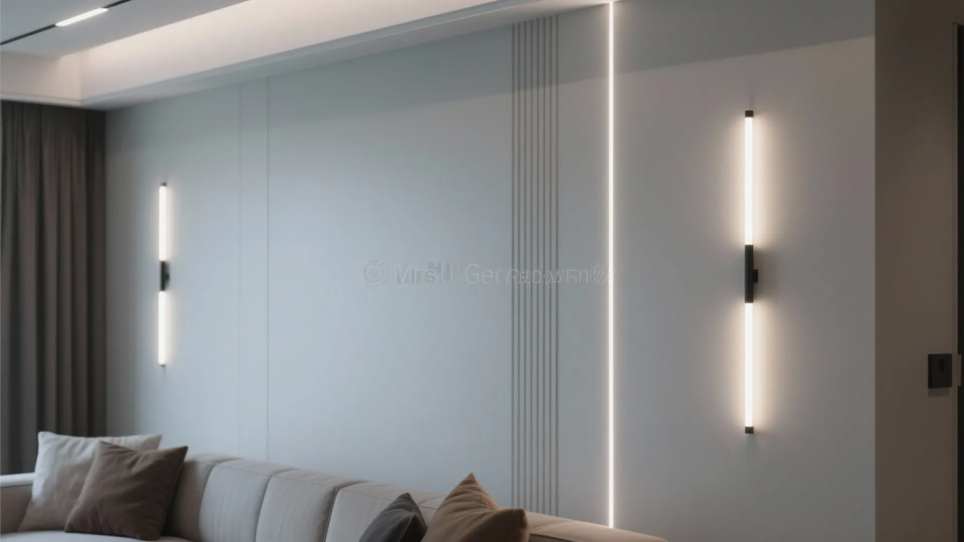 Modern grey wall with vertical light strips and two long black wall lights above sofa