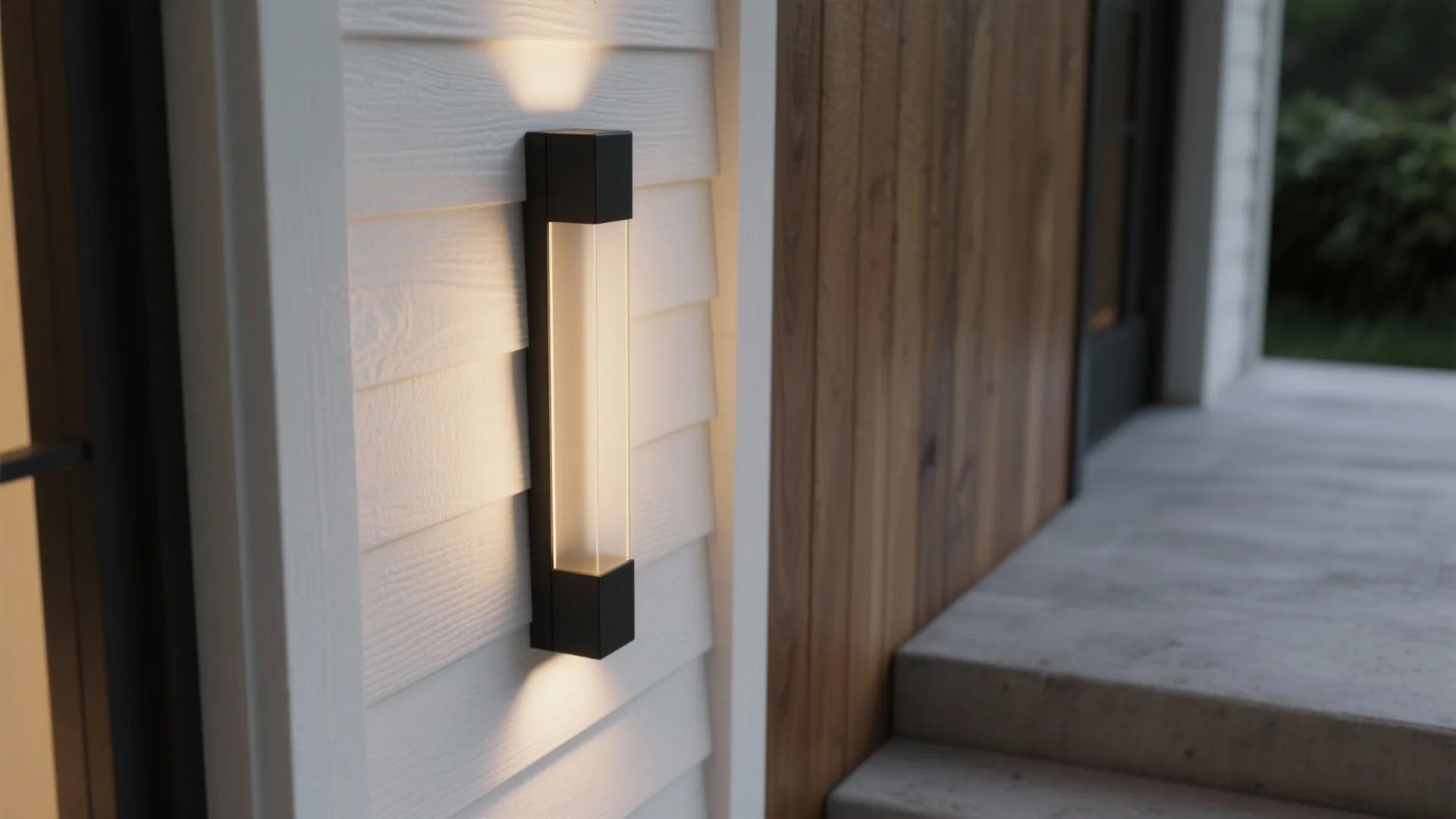 Modern black wall light fixture on white siding outside a house with wooden wall nearby