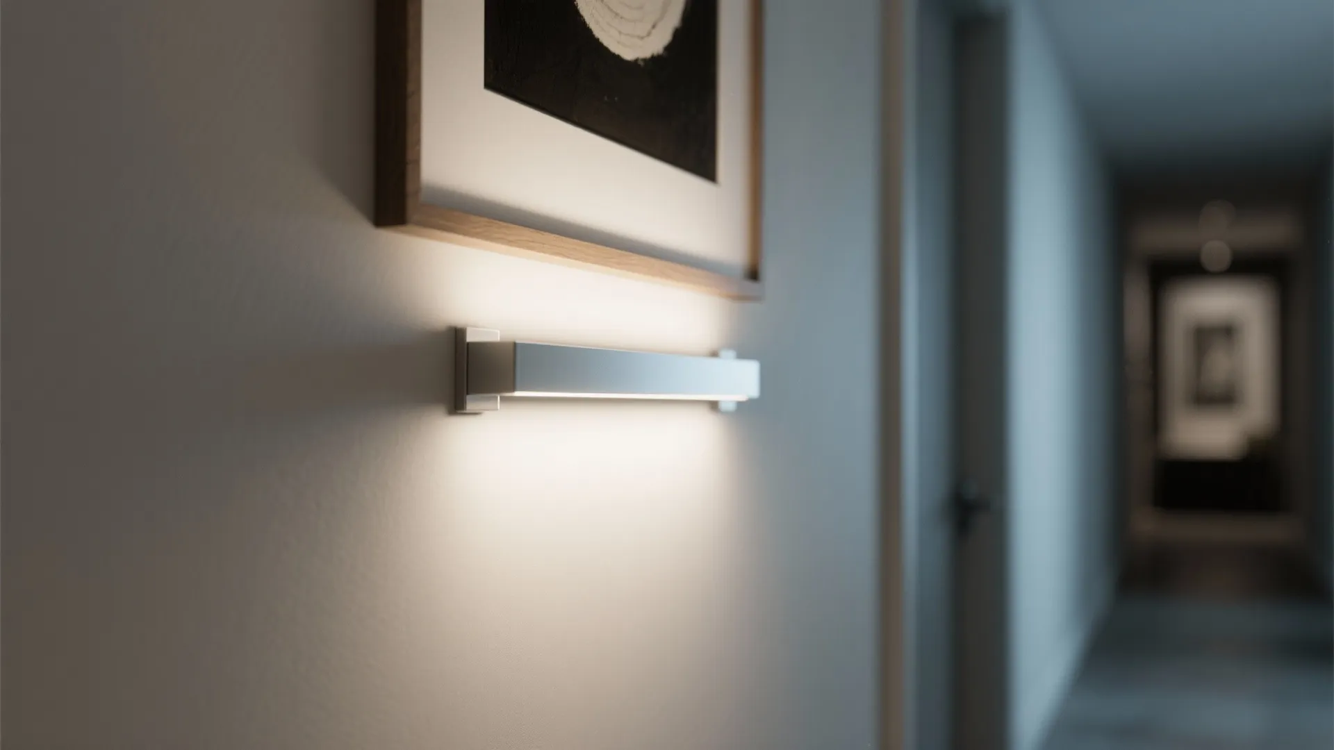 Slim LED picture sconce illuminating framed artwork in a narrow hallway.