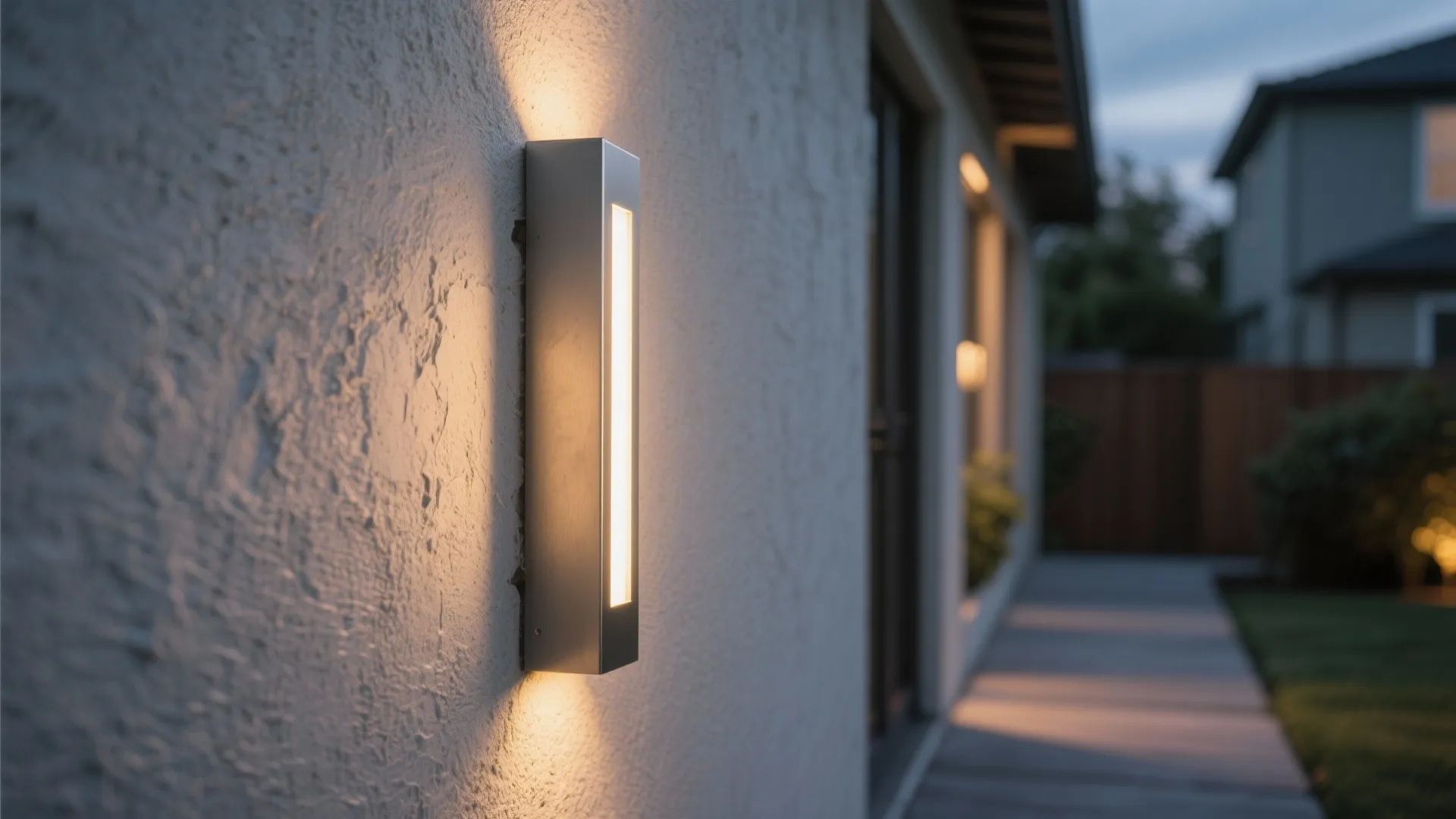 Silver metal wall light on a textured white exterior wall along a backyard garden path