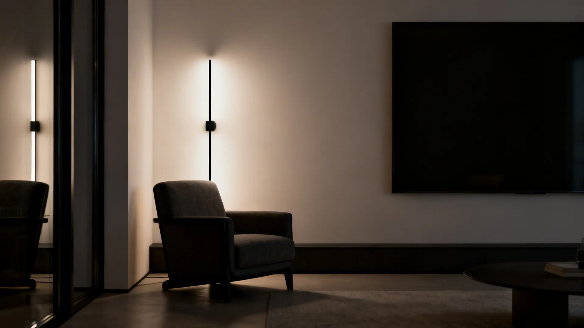 Slim black LED floor sconce behind an armchair providing diffuse ambient light