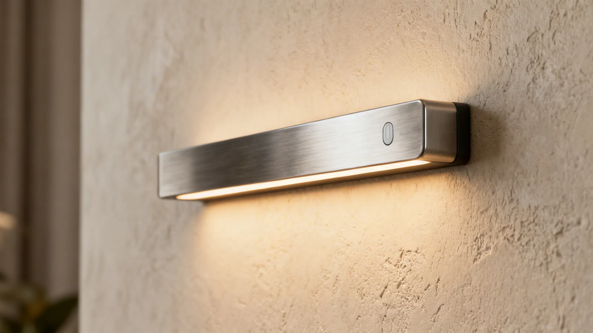 Slim rechargeable LED sconce with a dimmable touch sensor casting warm light on a plaster wall.