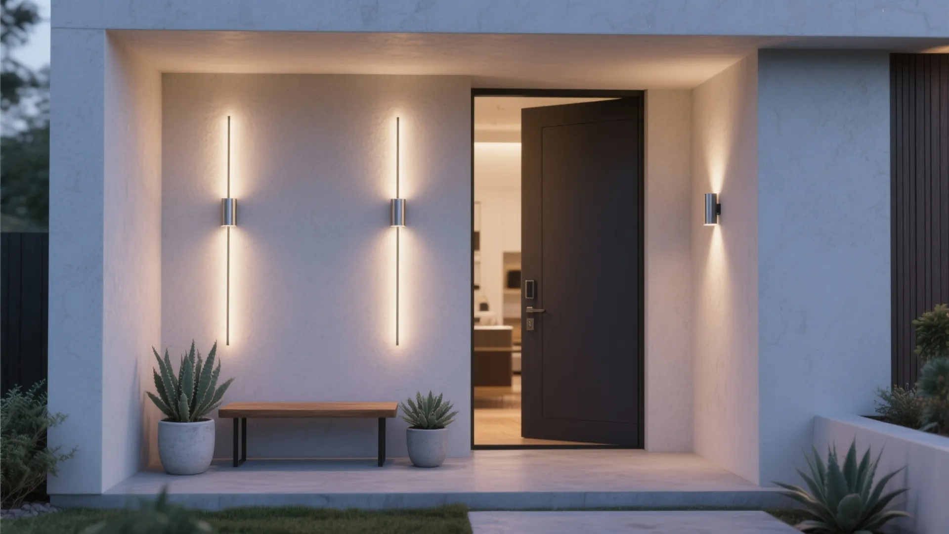 Modern slim vertical wall light fixtures on white exterior wall near black door and wooden bench
