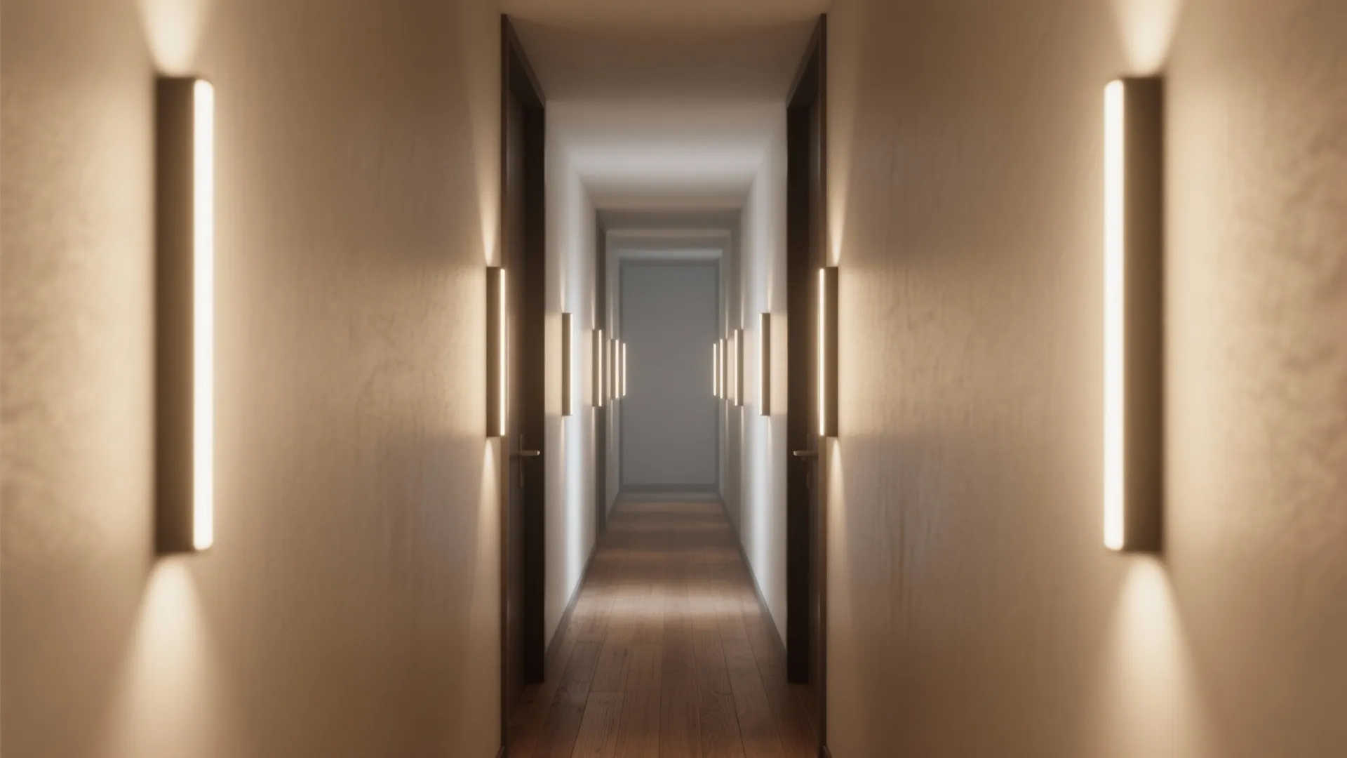 Modern hallway with warm wall lights on both sides illuminating wooden floors and white walls