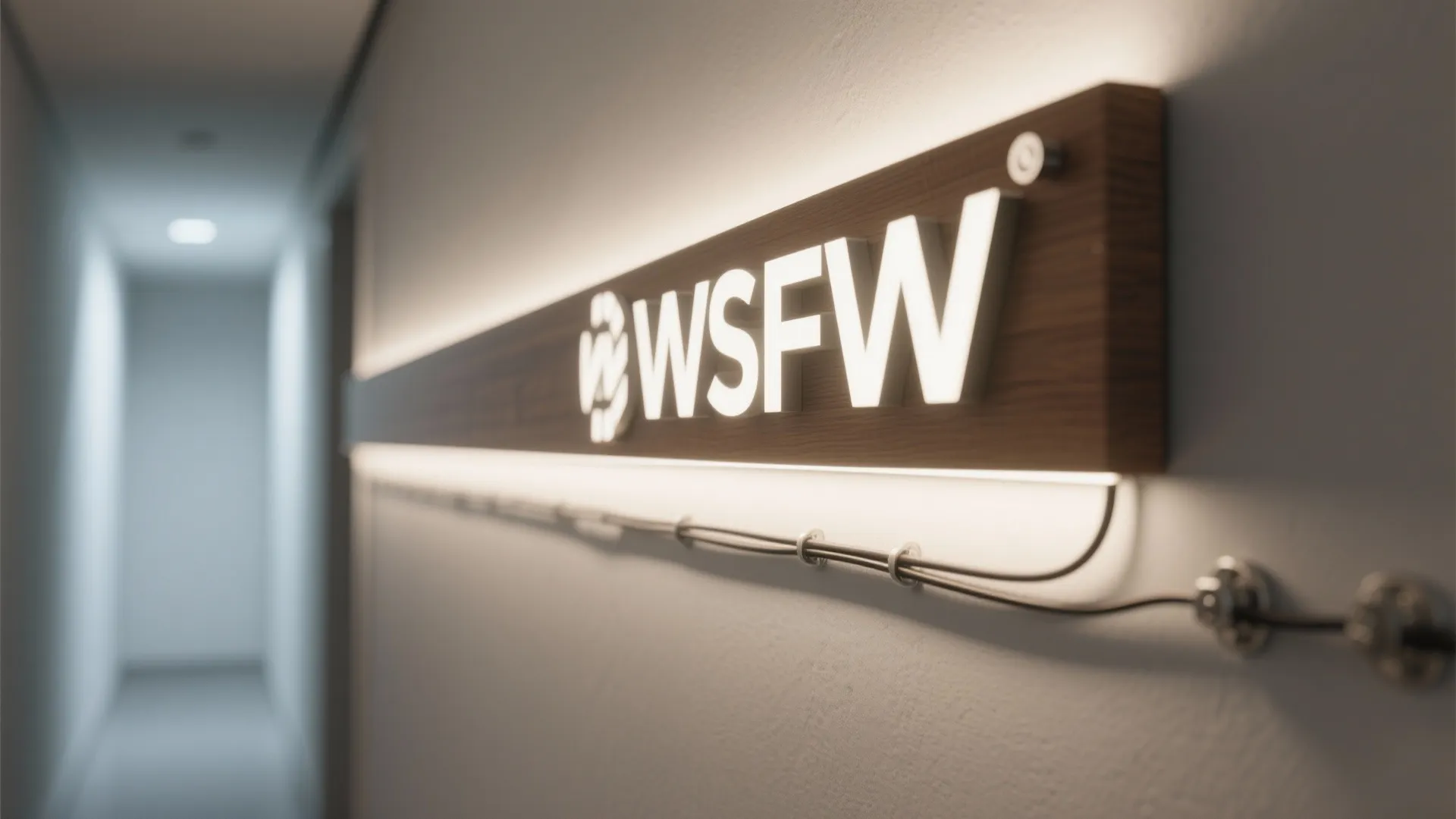Close up view of glowing white wall light on wood panel inside a long hallway