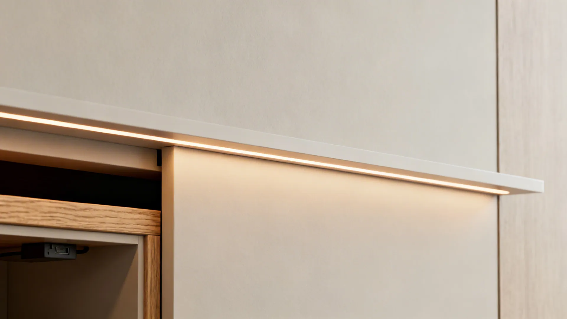 Recessed slim LED strip behind a floating panel creating a soft warm halo on a neutral wall.