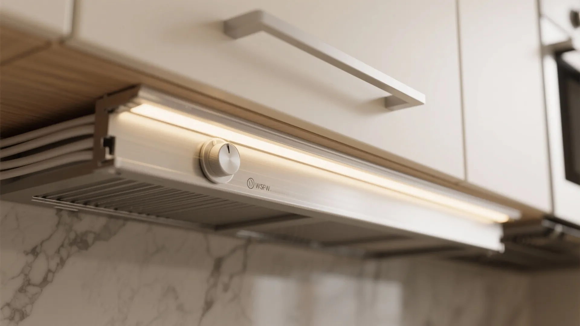 Close-up of slim LED tape in an aluminum channel with frosted diffuser under a kitchen cabinet, showing even countertop illumination.