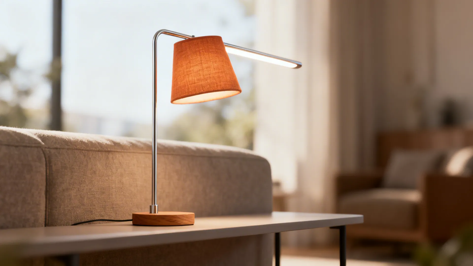 Slim task light with orange shade on wooden base placed on table behind a modern sofa