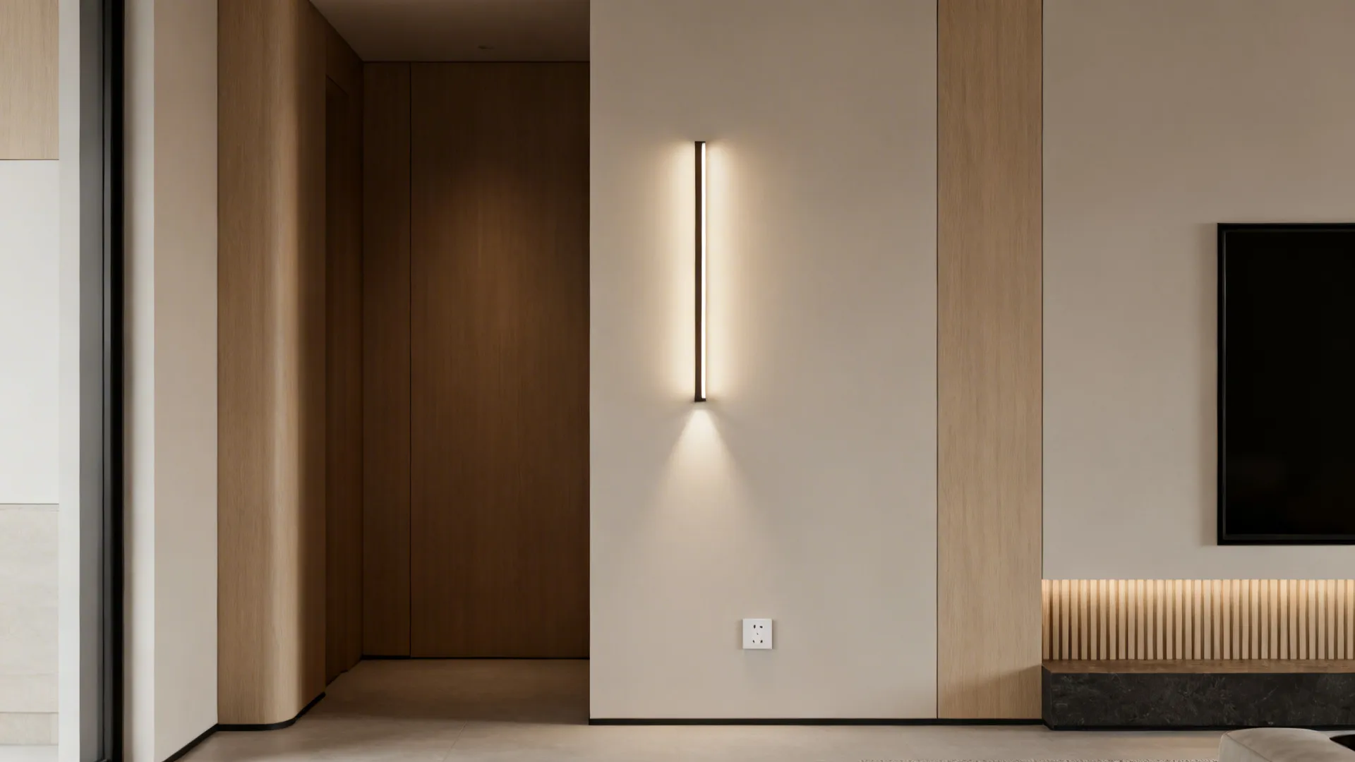 Narrow living room wall with a slim vertical LED sconce casting soft even light and emphasizing height.