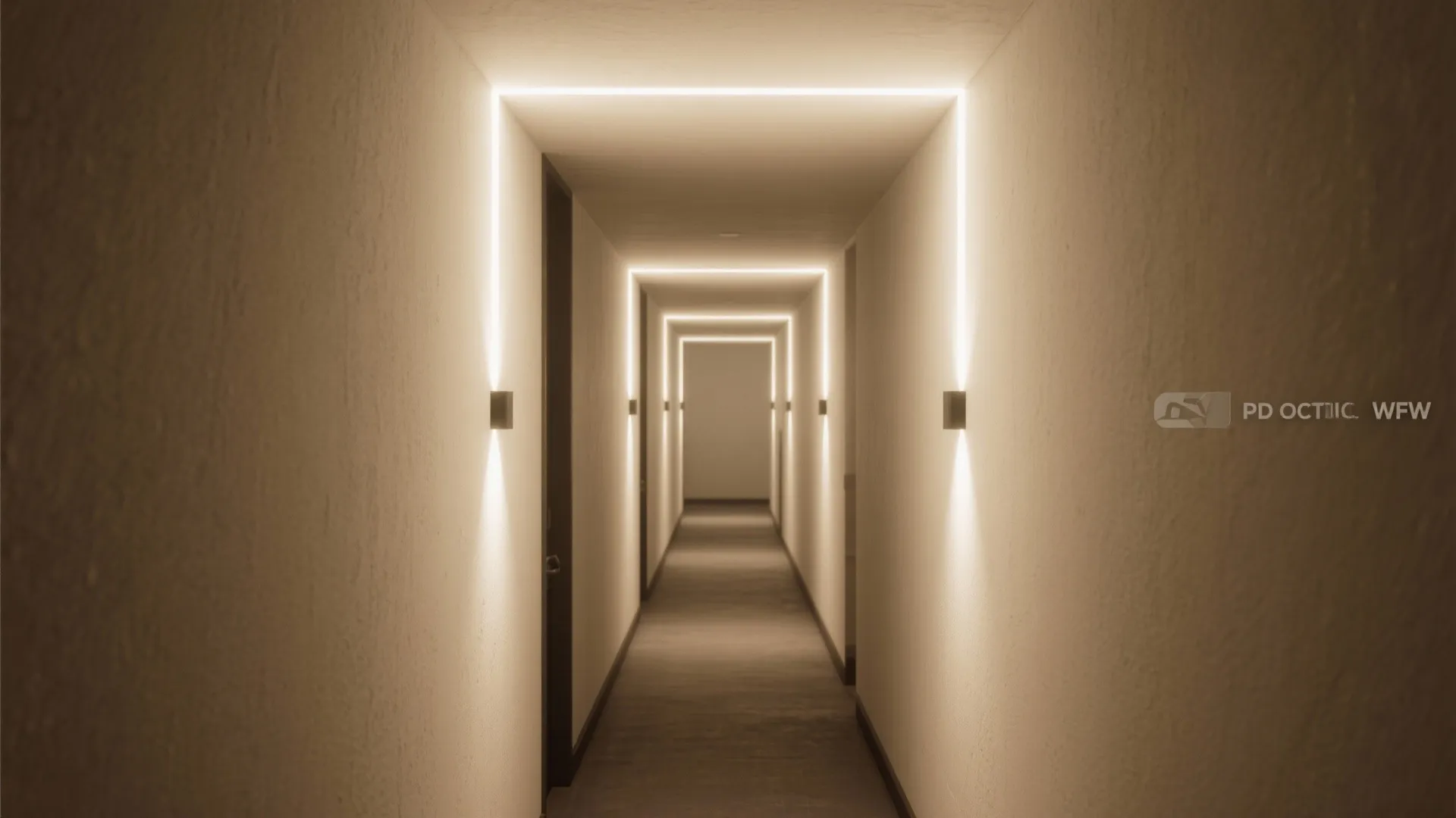 Narrow hallway illuminated by slim LED wall washers casting an even upward wash of light.