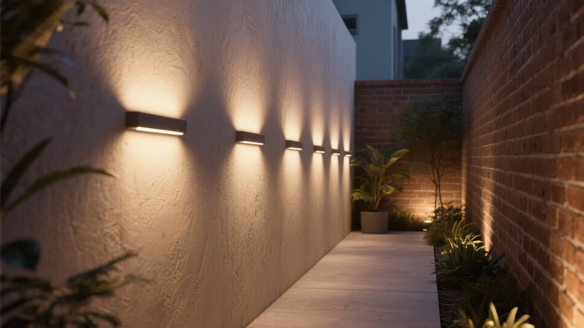 Narrow courtyard wall evenly lit by slim LED wall washers highlighting stucco texture