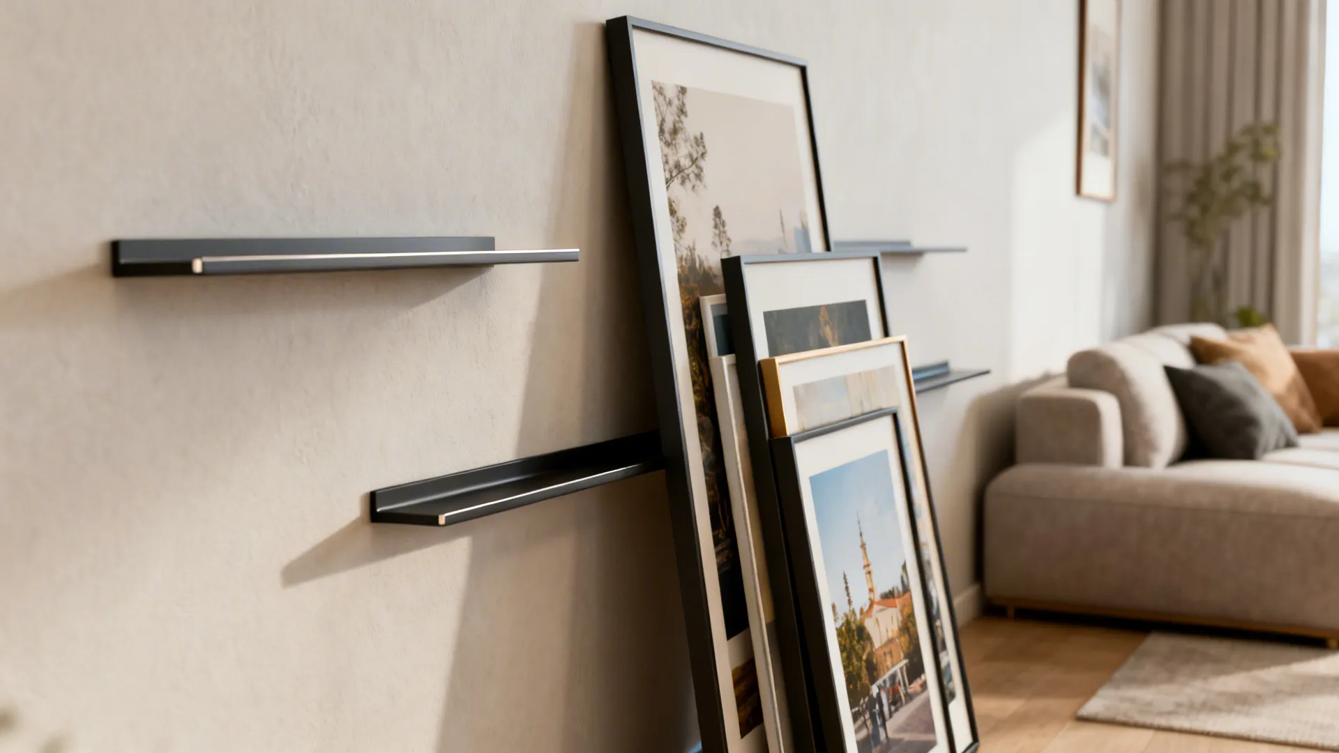 Black slim ledge shelves on a beige wall with framed art leaning near a sofa