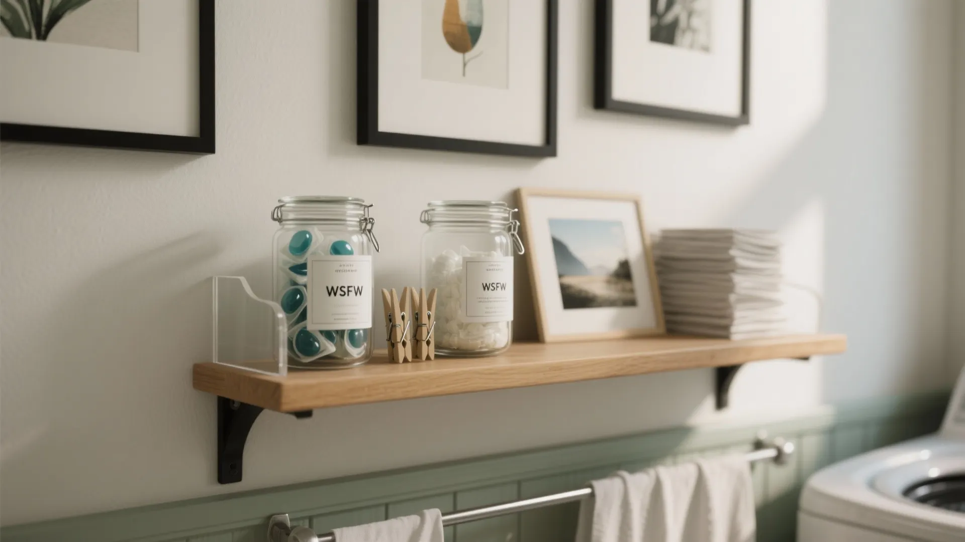 Wooden wall shelf holding glass jars laundry pods and small pictures above a green wall