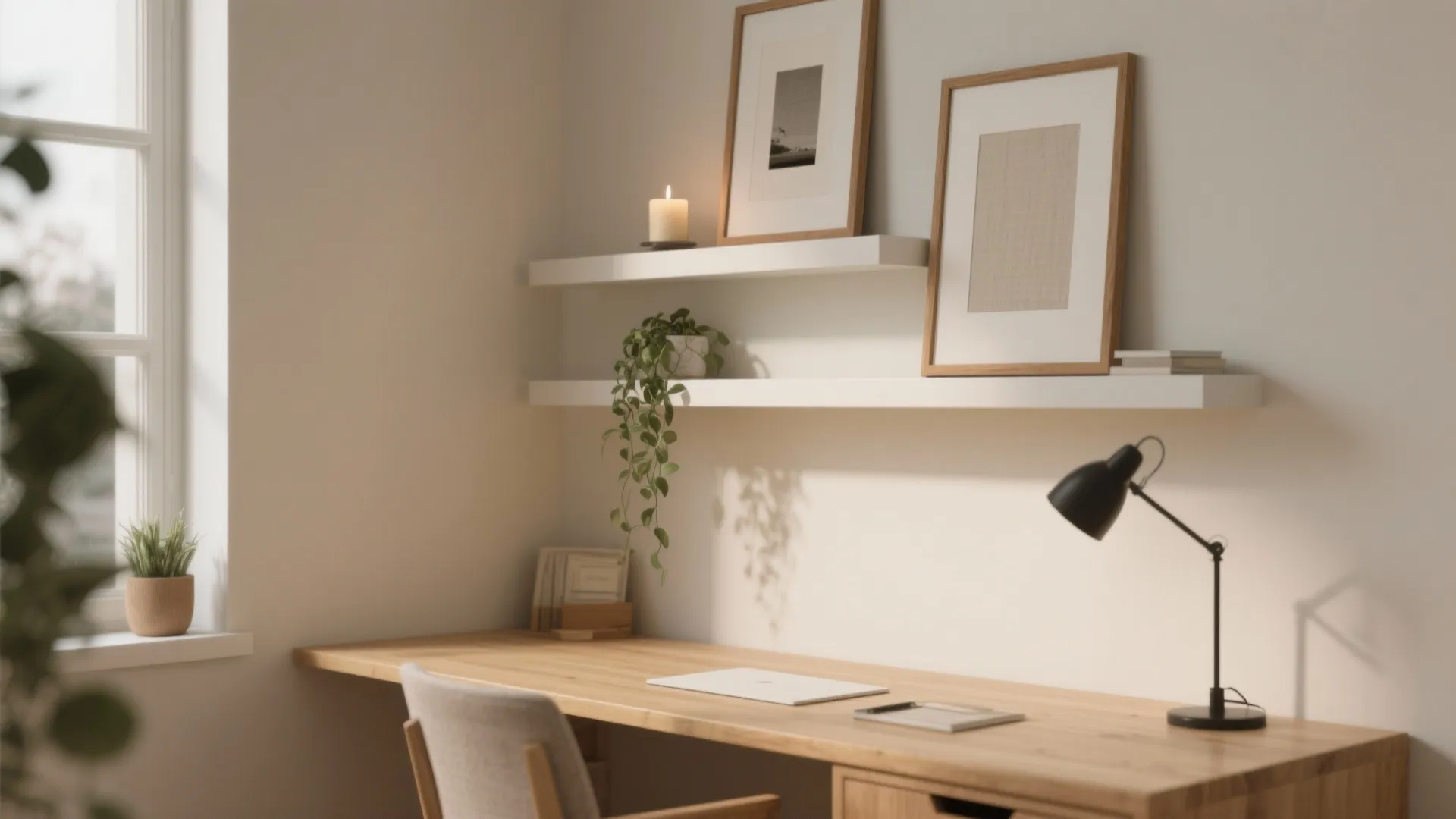 Minimalist home office featuring wooden desk black lamp laptop white wall shelves and natural light